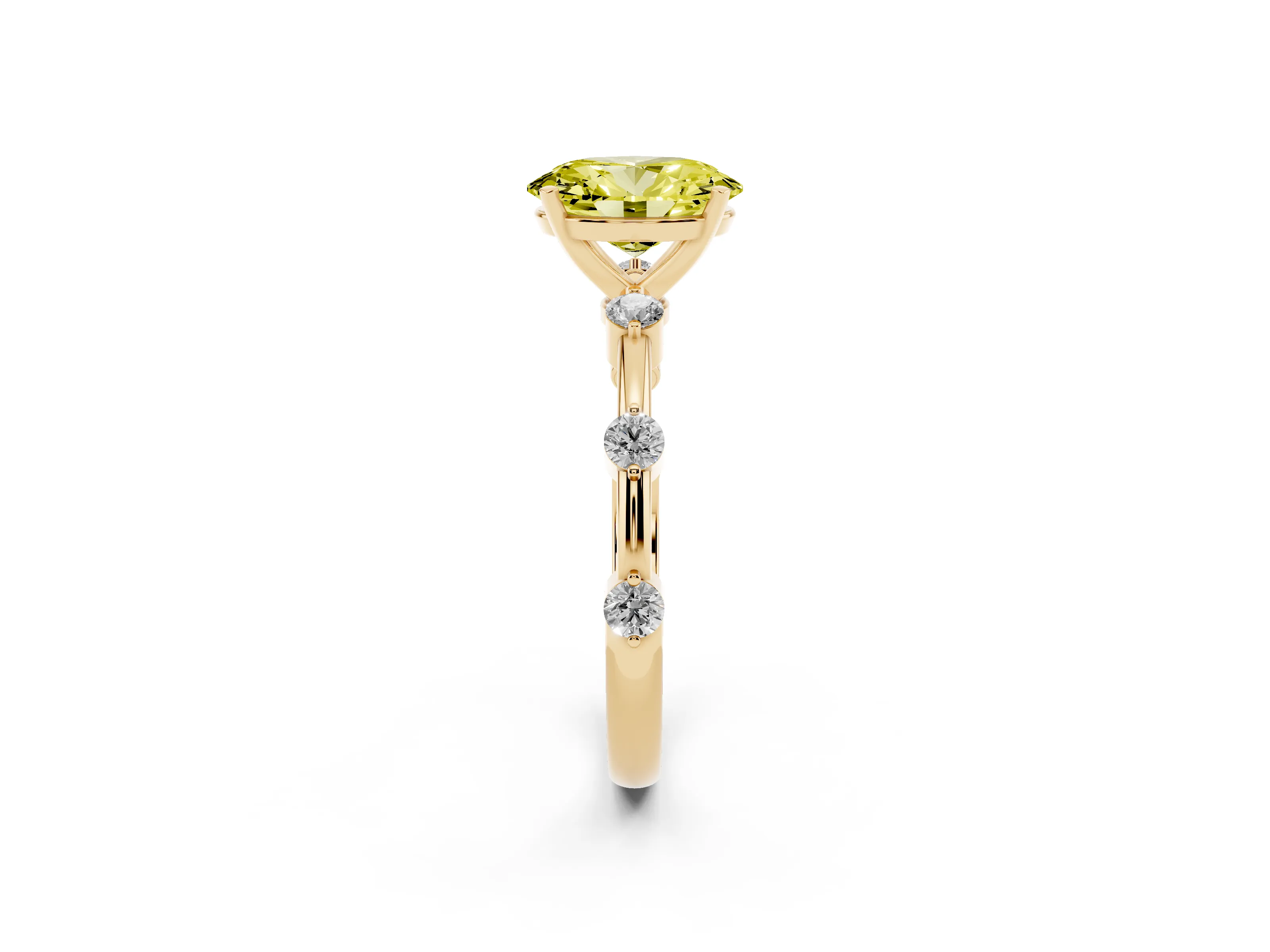 Fancy Yellow Oval Cut Diamond Solitaire Ring Set in Yellow gold with Bezel Set Side Stones and Prong Setting