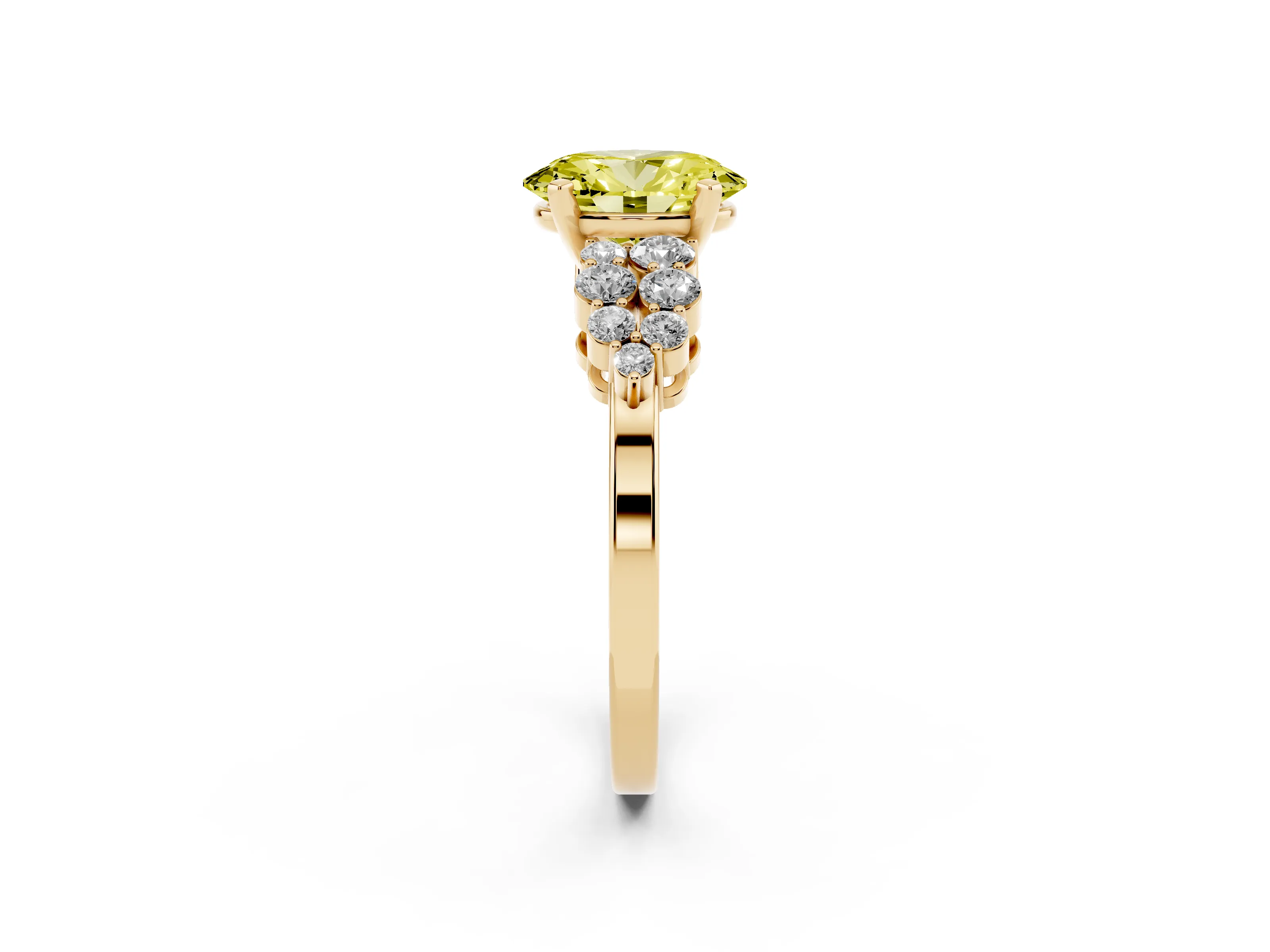 Fancy Yellow Oval Cut Diamond Cluster Engagement Ring Set in Yellow gold with Pavé Band and Prong Setting