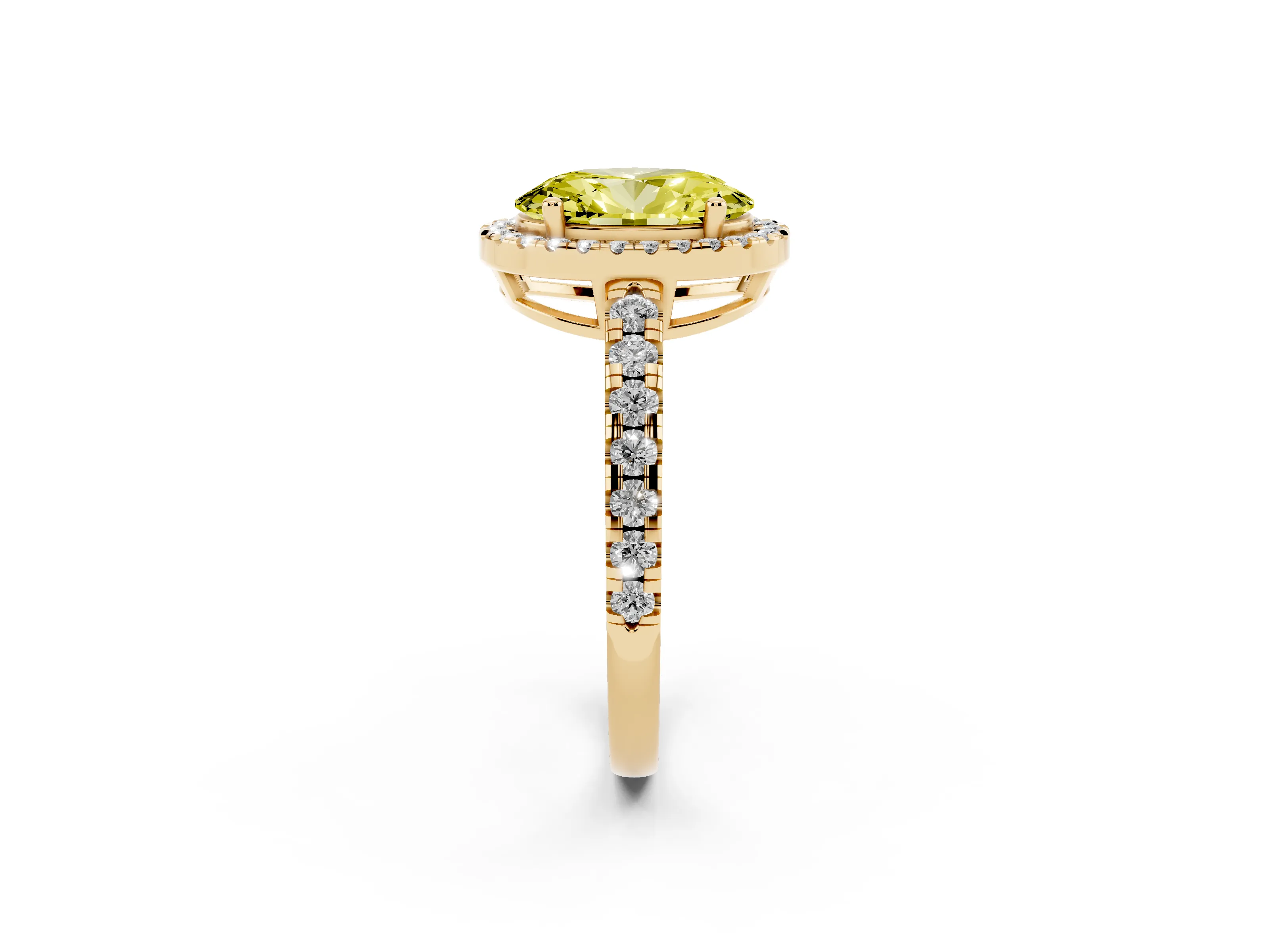 Fancy Yellow Oval Cut Diamond Halo Ring Set in Yellow gold with Delicate Pavé Band and Prong Setting