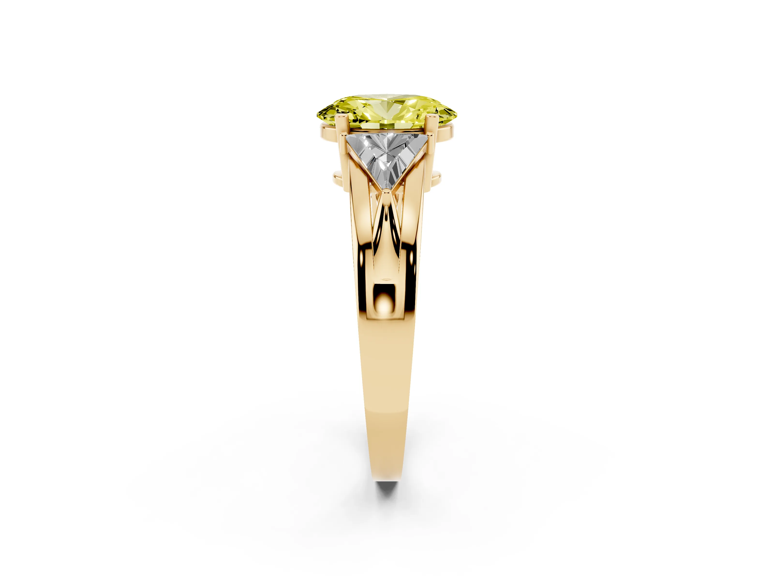 Fancy Yellow Oval Cut Diamond Three-Stone Ring Set in Yellow gold with Trillion Side Stones and Split Shank