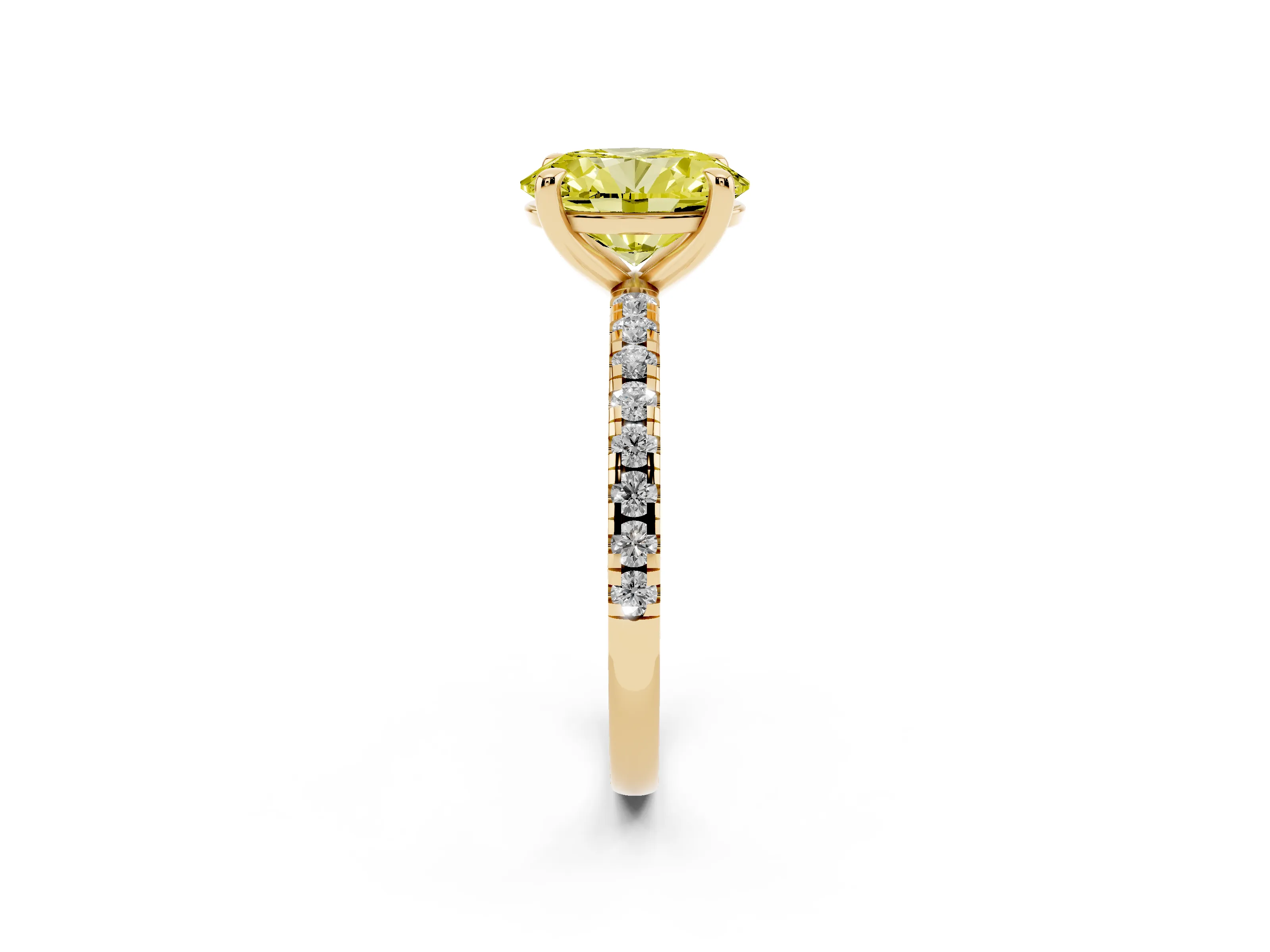 Fancy Yellow Oval Cut Diamond Brilliant Solitaire Ring Set in Yellow gold with Pavé Band and Prong Setting