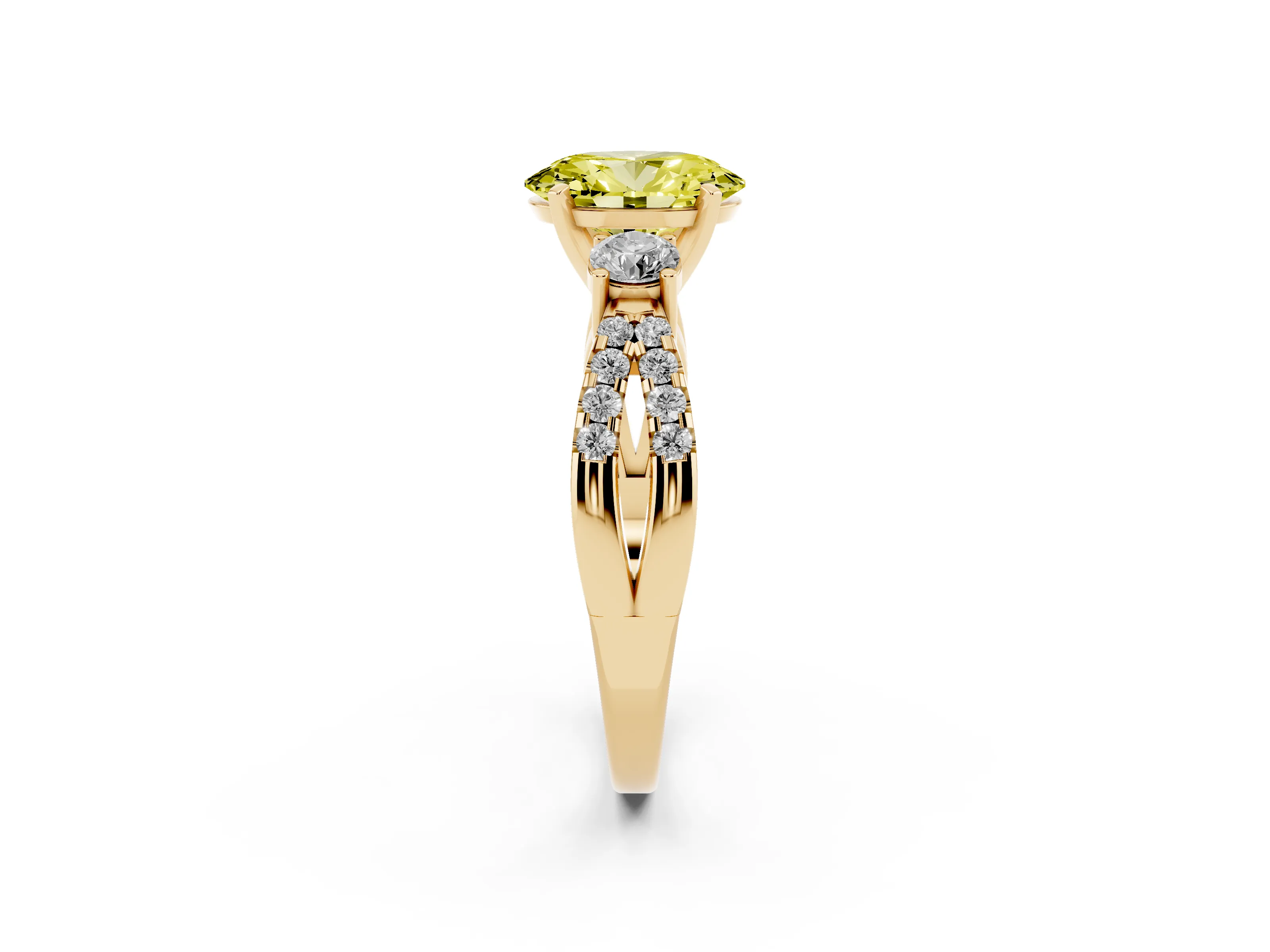 Fancy Yellow Oval Cut Diamond Three-Stone Ring Set in Yellow gold with Pavé Split Shank and Prong Setting