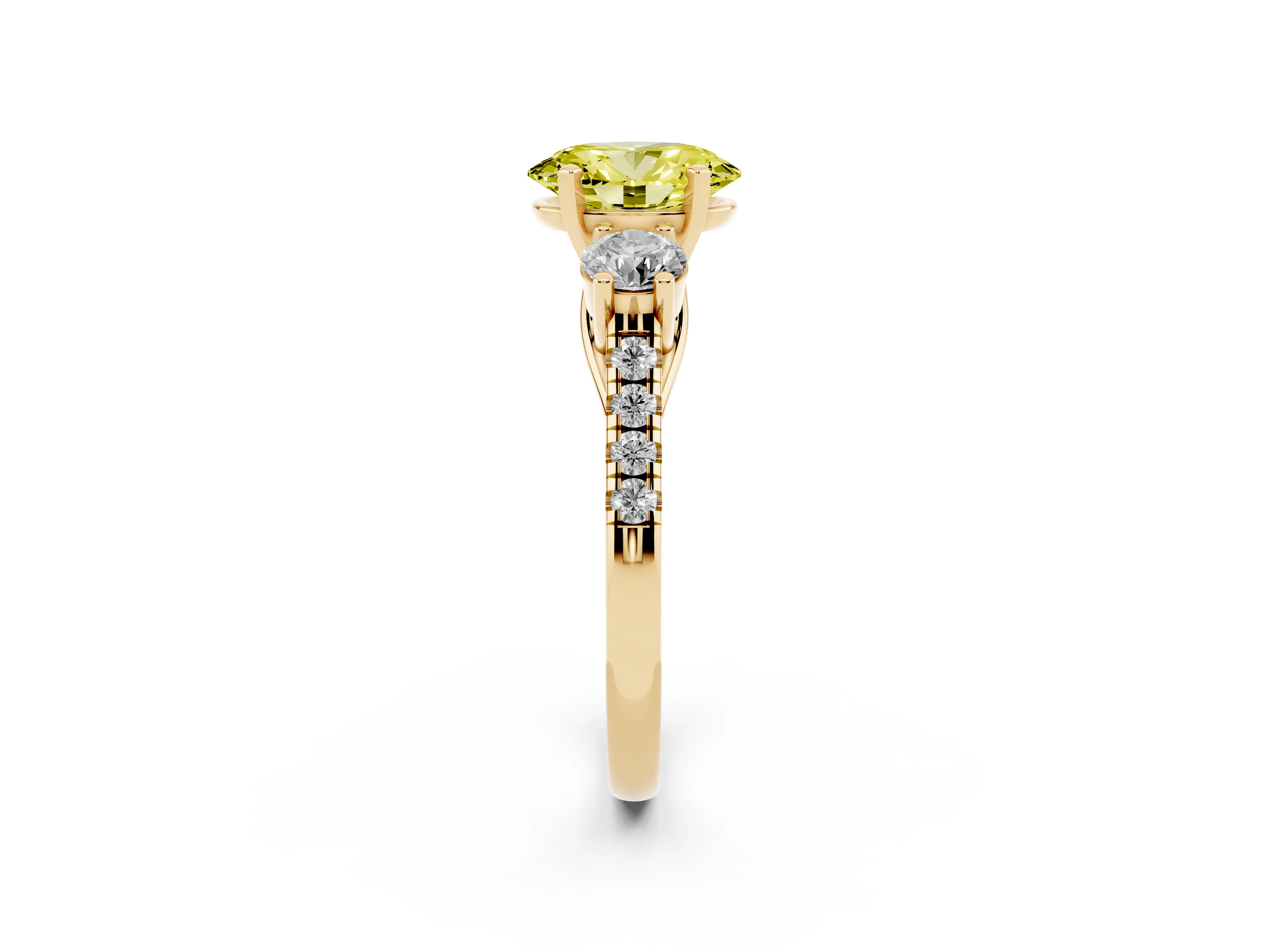 Fancy Yellow Three-Stone Oval Cut Diamond Pavé Band Ring Set in Yellow gold with Prong-Set Trio