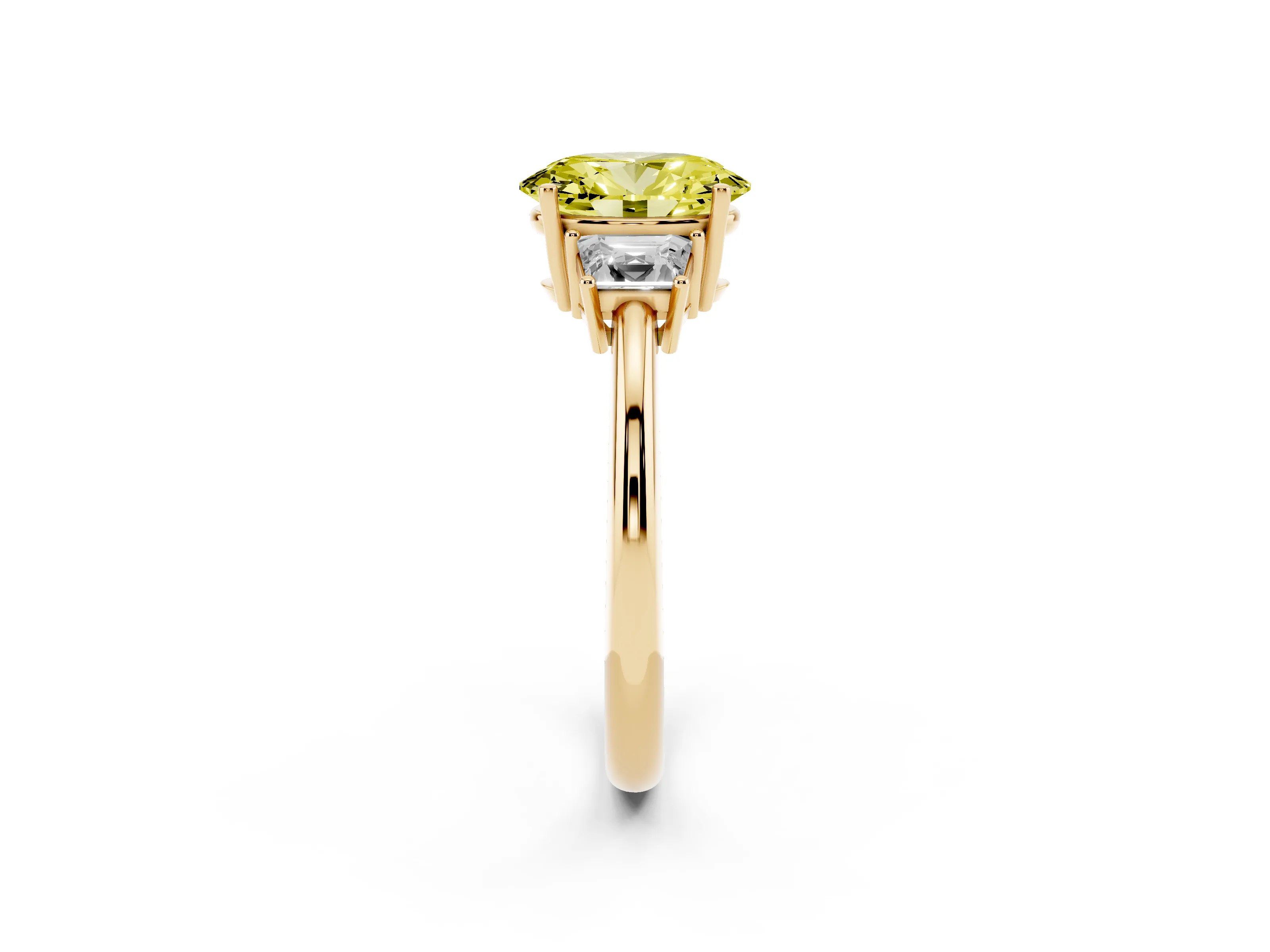 Fancy Yellow Oval Cut Diamond Three-Stone Ring Set in Yellow gold with Trapezoid Side Stones and Prong Setting