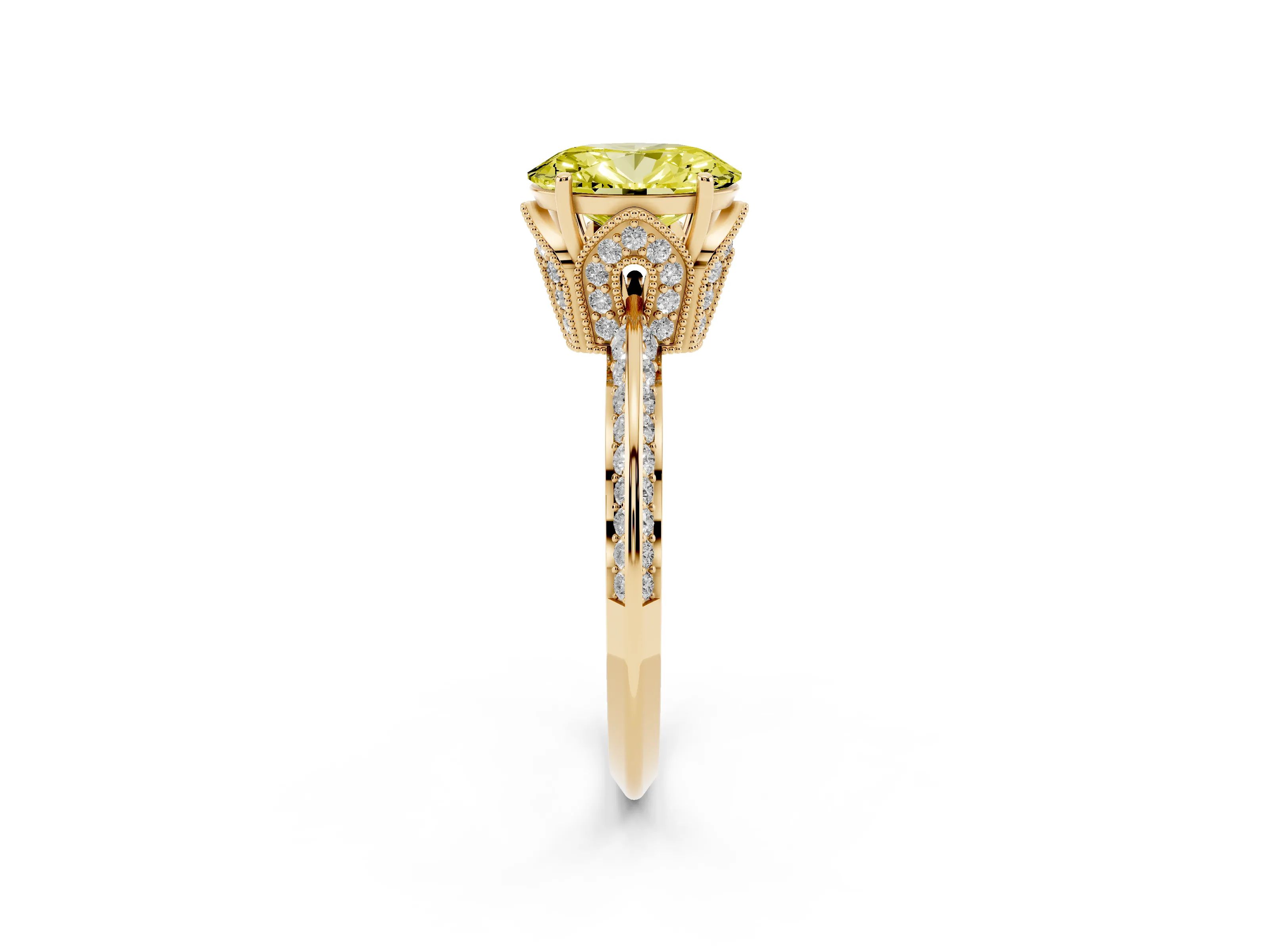 Fancy Yellow Oval Cut Diamond Solitaire Engagement Ring Set in Yellow gold with Pavé Split Shank and Prong Setting