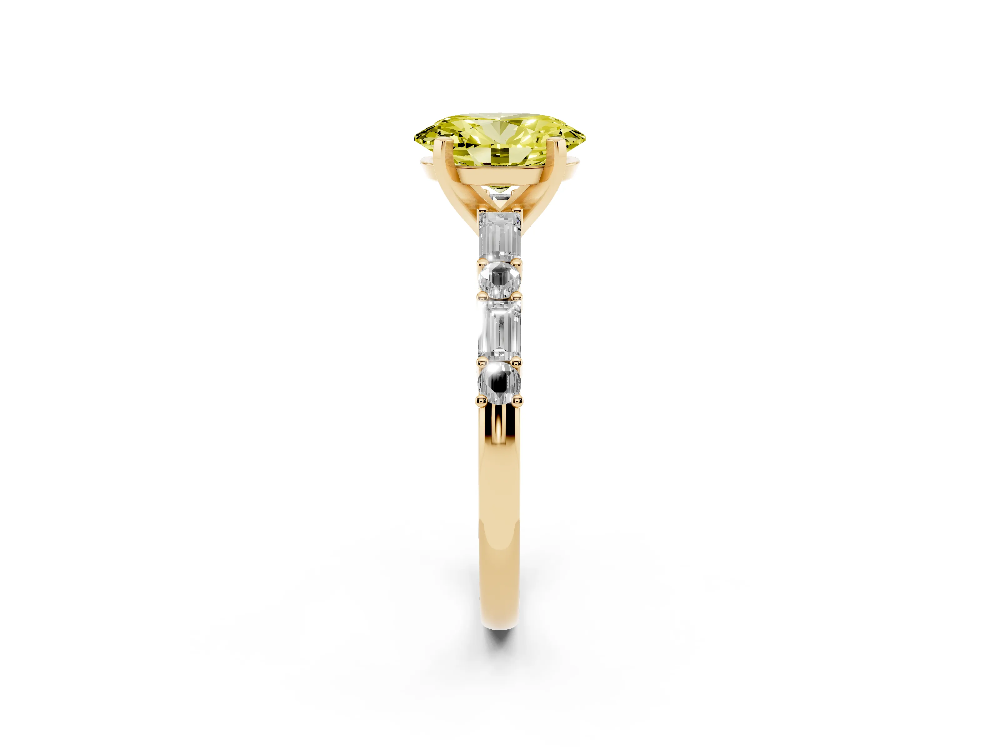 Fancy Yellow Oval Cut Diamond Solitaire Set in Yellow gold with Side Baguettes and Channel Set Band