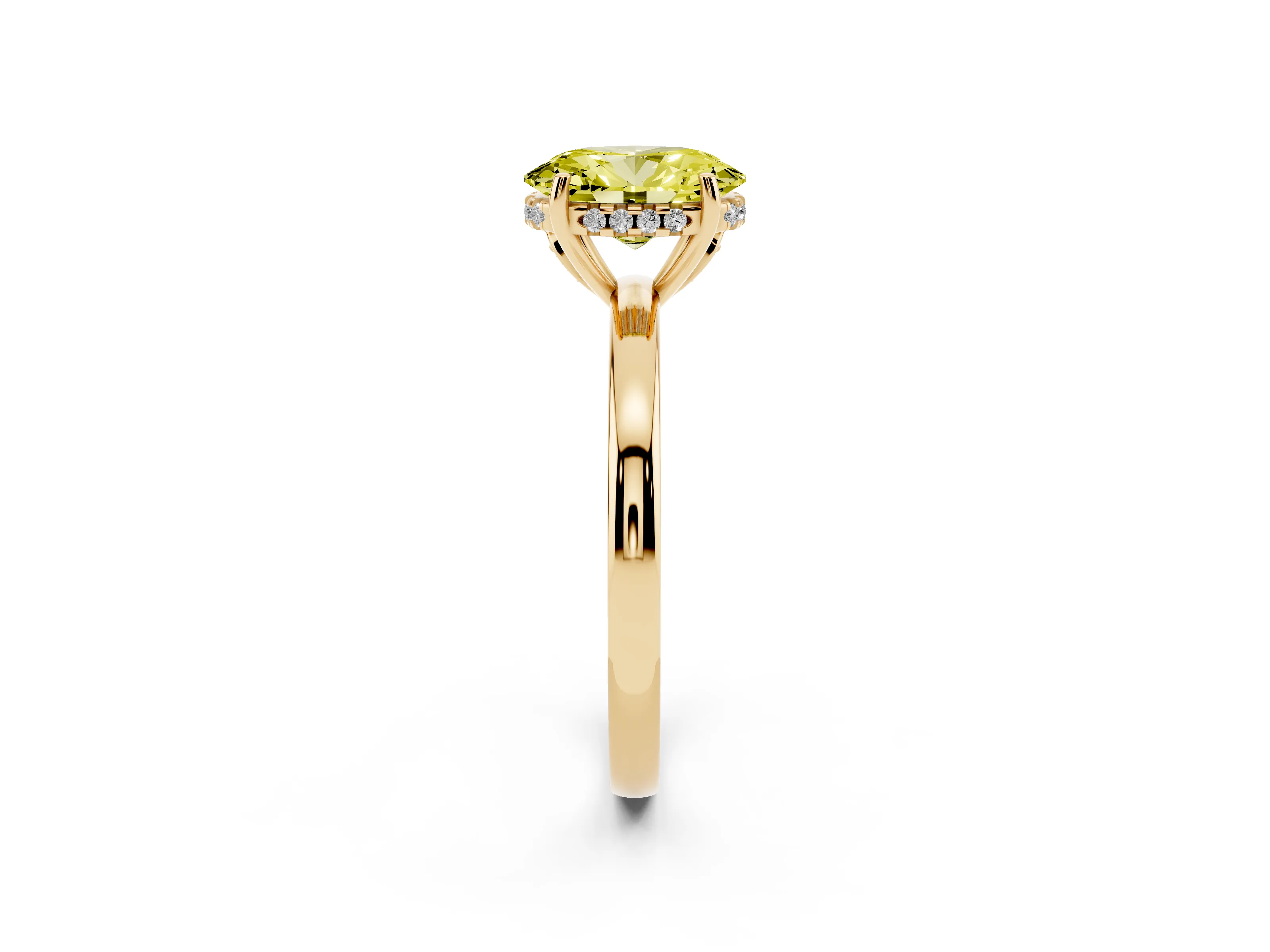 Fancy Yellow Oval Cut Diamond Solitaire Ring Set in Yellow gold with Plain Band and Prong Setting