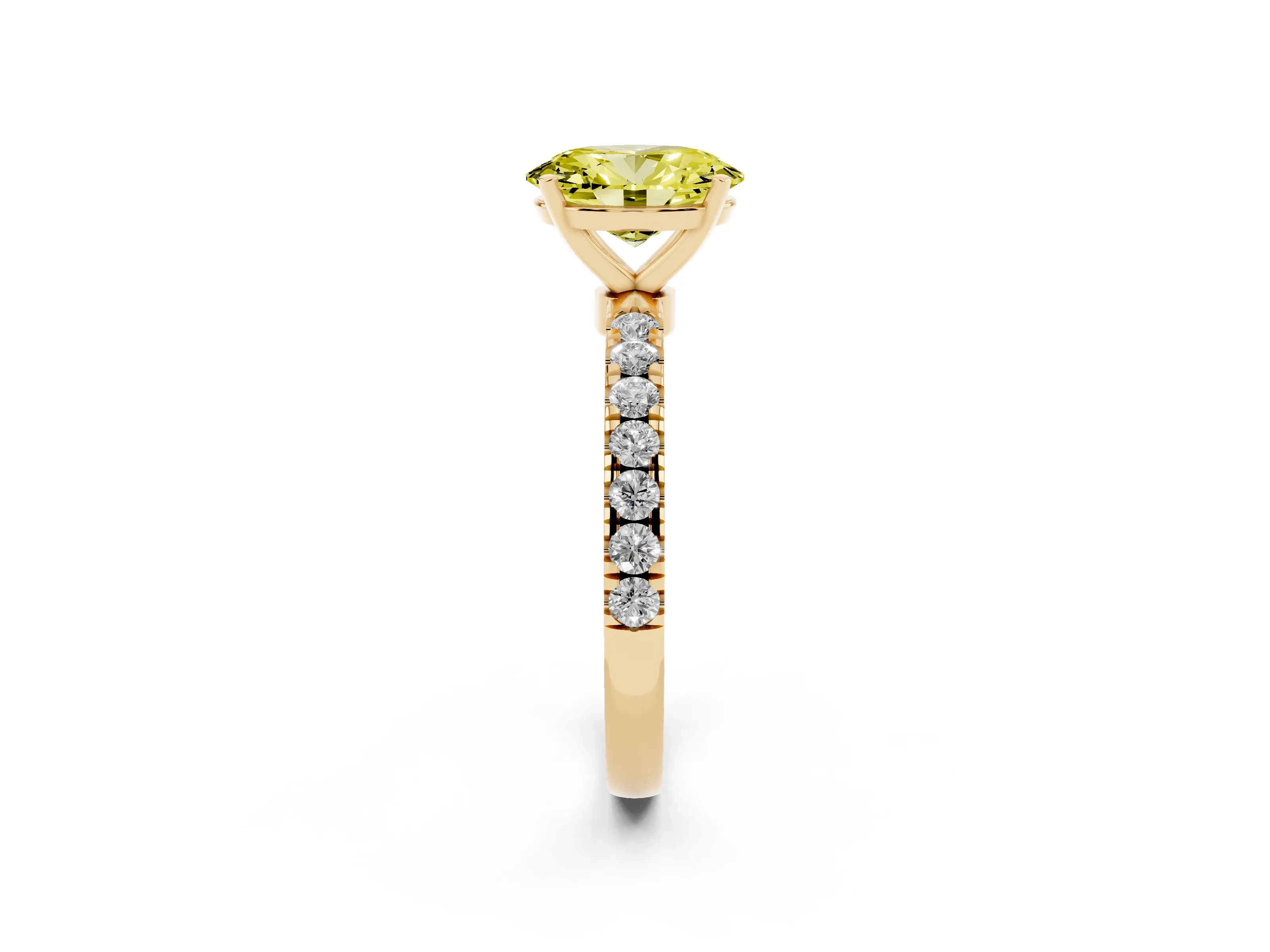Fancy Yellow Oval Cut Diamond Solitaire Ring Set in Yellow gold with Pavé Accents and Prong Setting