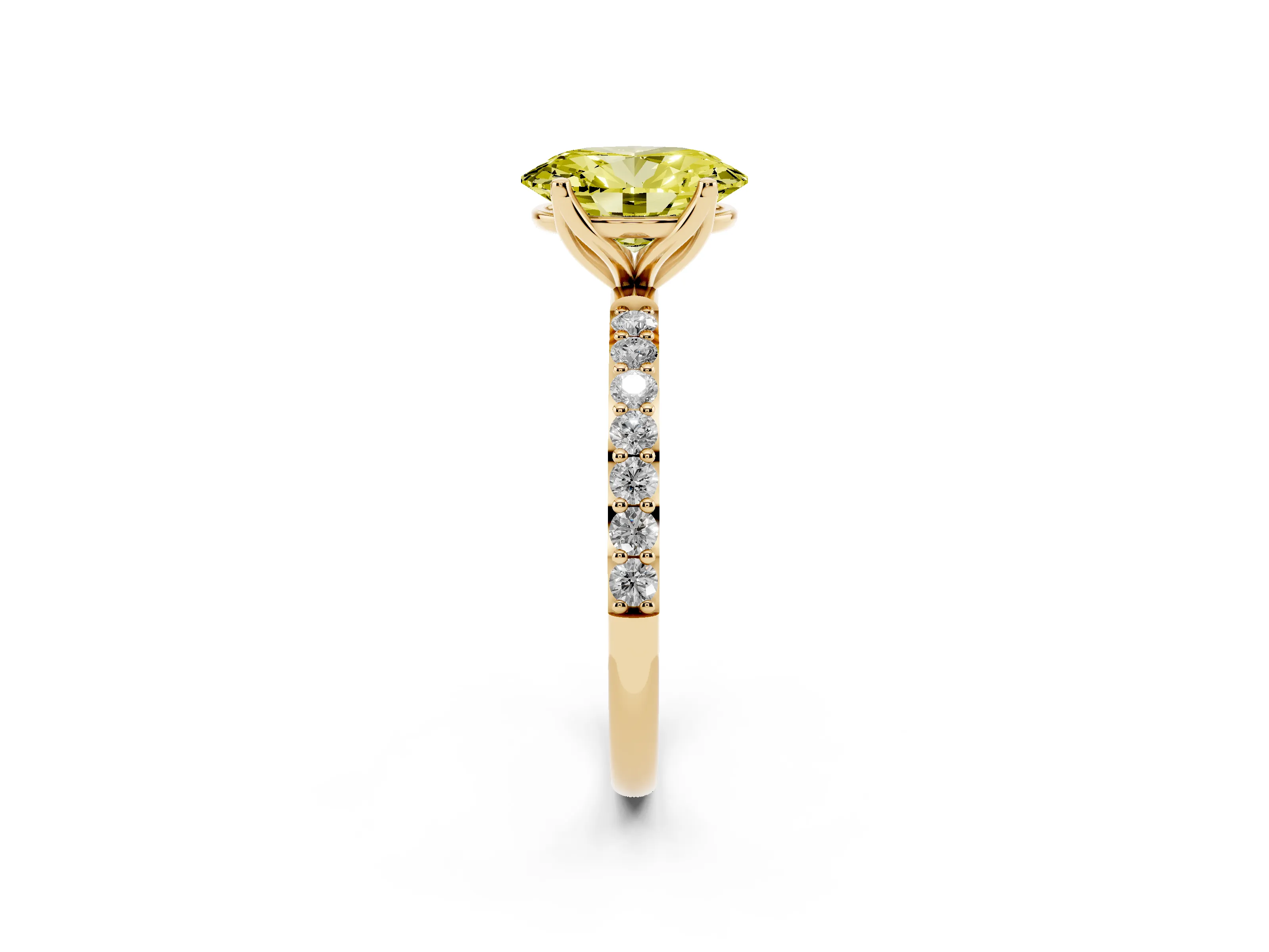 Fancy Yellow Oval Cut Diamond Solitaire Engagement Ring Set in Yellow gold with Round Pavé Band and Prong Setting