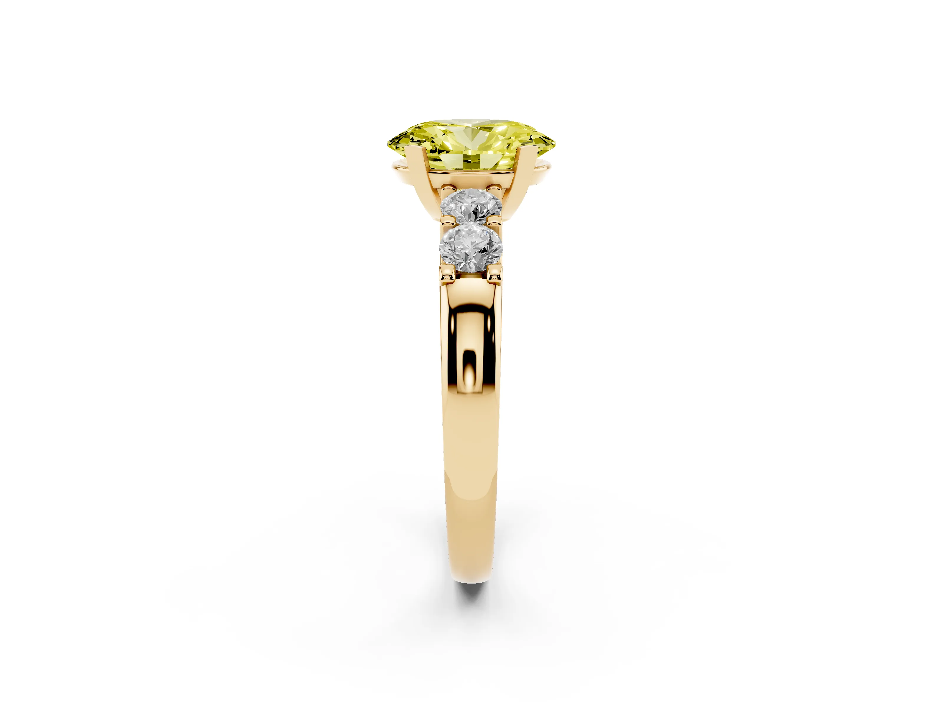 Fancy Yellow Oval Cut Diamond Five-Stone Prong Set Engagement Ring Set in Yellow gold with Channel Band