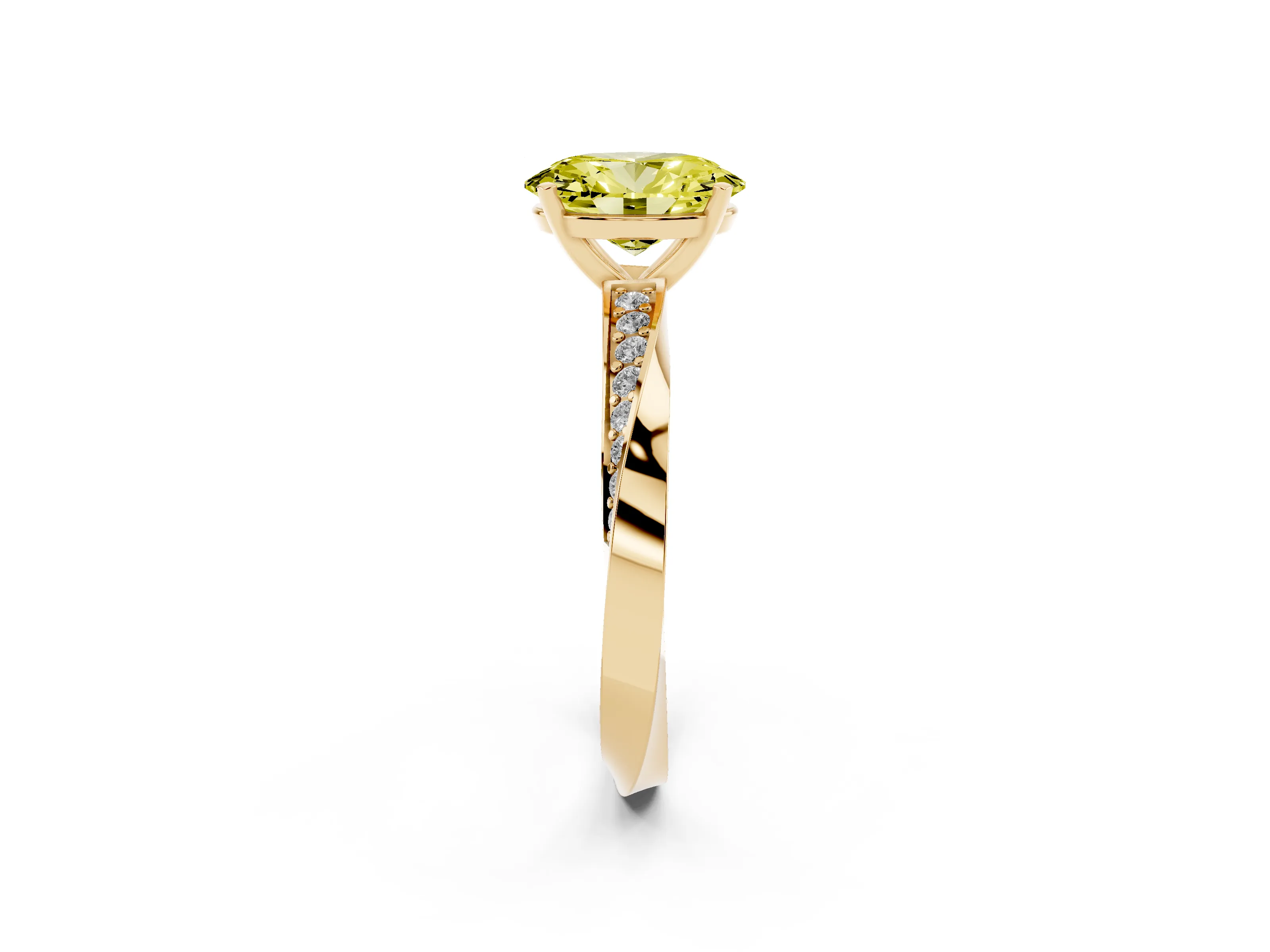 Fancy Yellow Oval Cut Diamond Engagement Ring Set in Yellow gold with Side Stone Accents and Prong Setting
