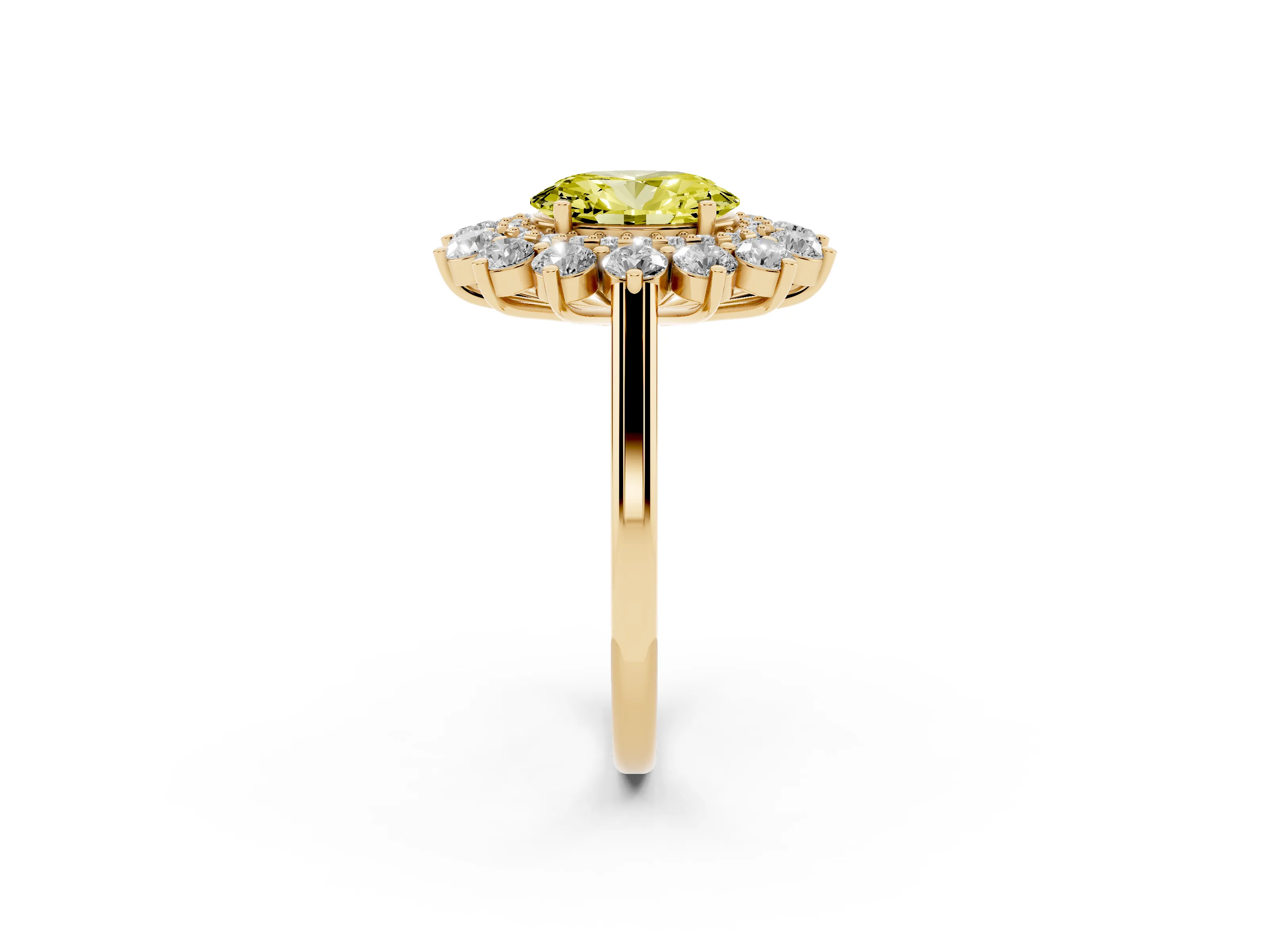 Fancy Yellow Oval Cut Diamond Floral Double Halo Ring Set in Yellow gold with Round Petals