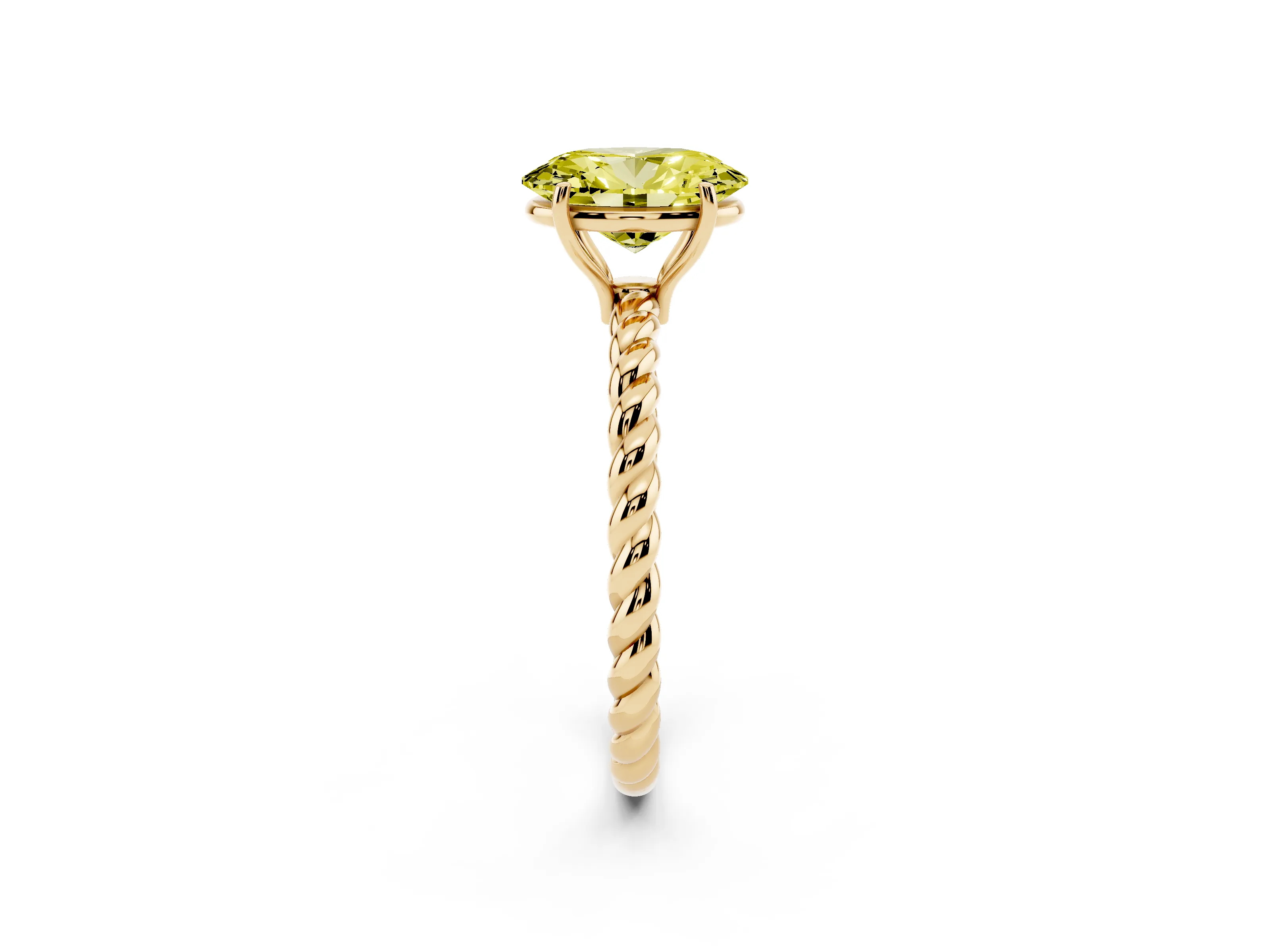 Fancy Yellow Oval Cut Diamond Solitaire Twisted Band Ring Set in Yellow gold with Prong Solitaire Setting