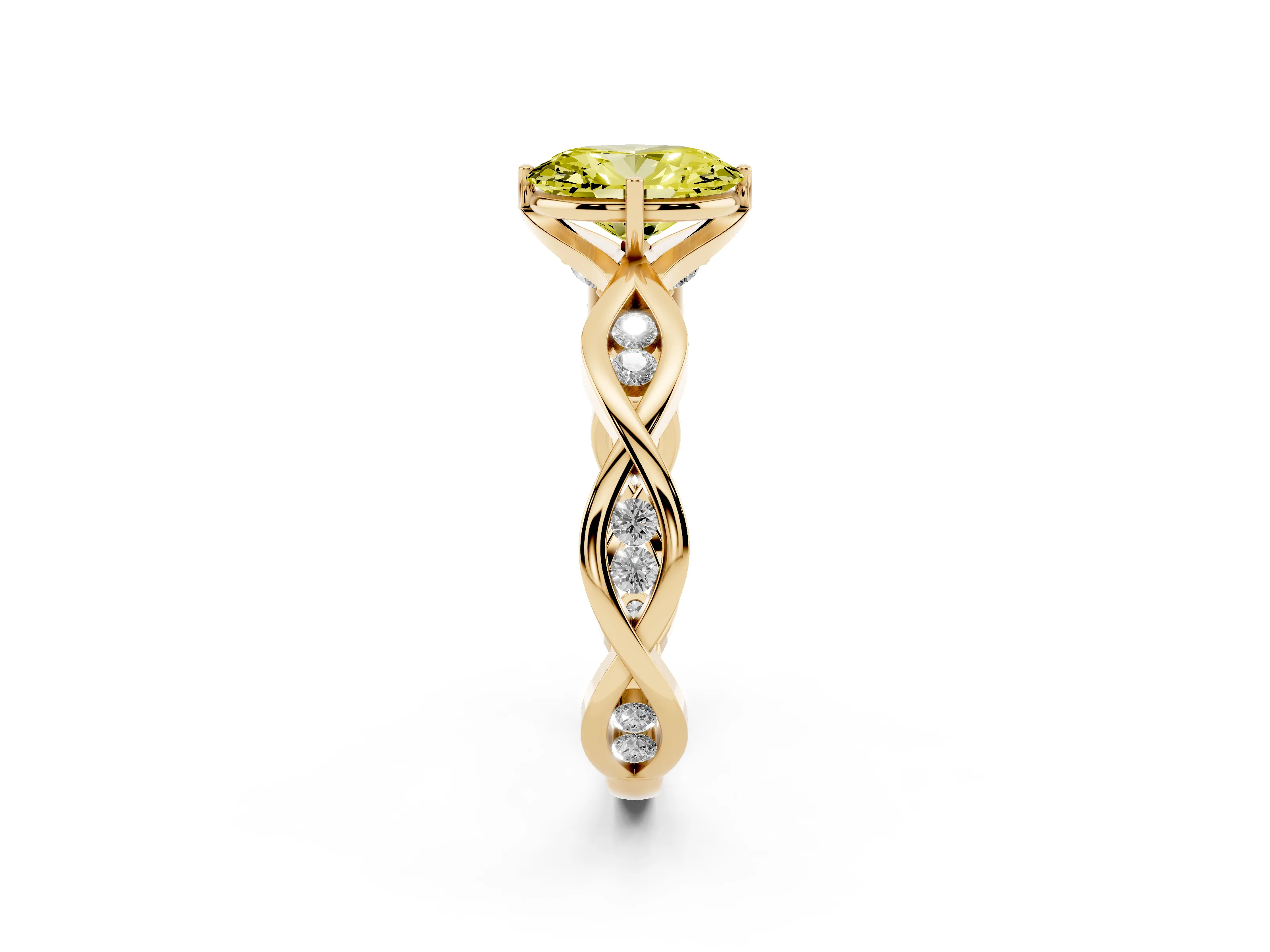 Fancy Yellow Oval Cut Diamond Twist Band Solitaire Ring Set in Yellow gold with Leaf Prong Setting and Accent Stones