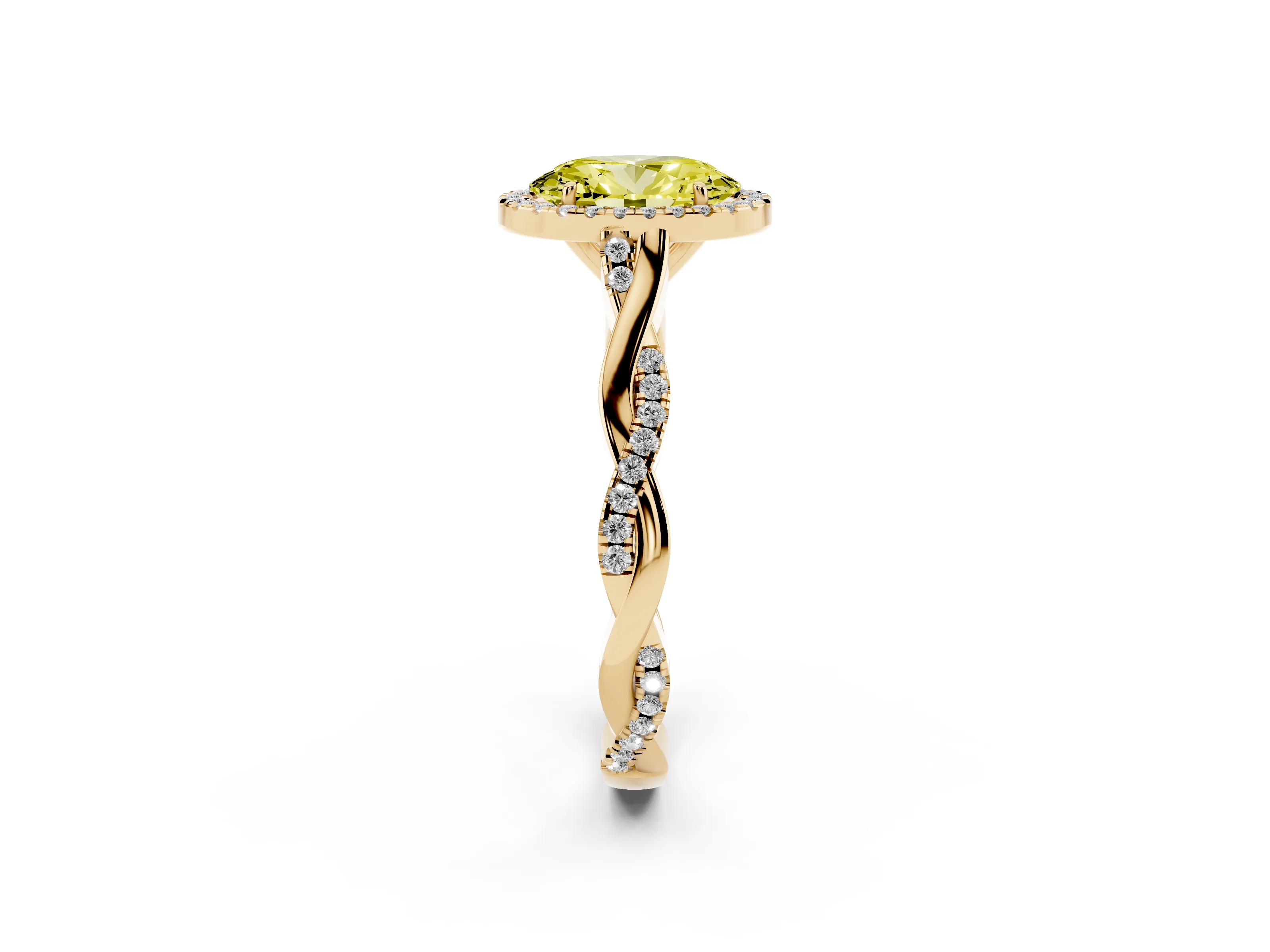 Fancy Yellow Oval Cut Diamond Halo Twist Band Solitaire Ring Set in Yellow gold with Prong Setting