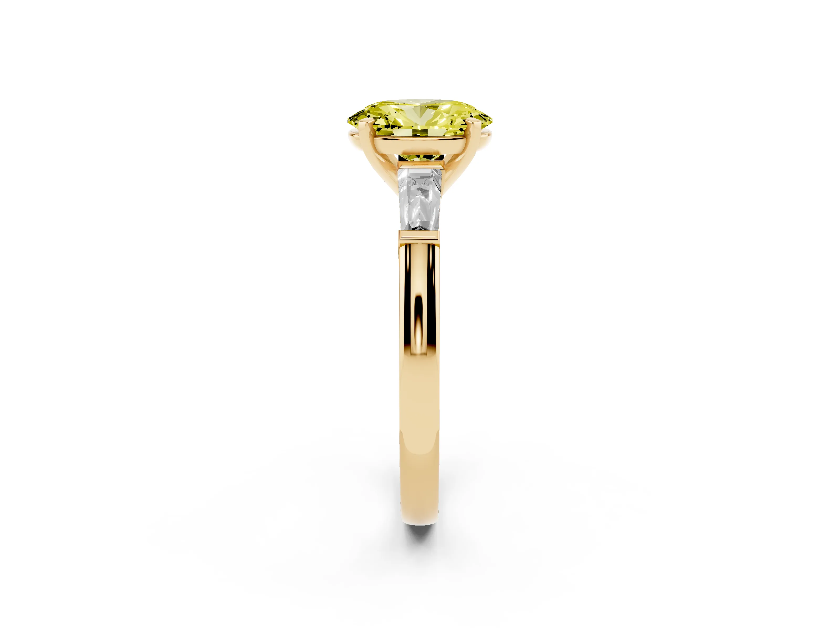 Fancy Yellow Oval Cut Diamond Solitaire Ring Set in Yellow gold with Tapered Baguette Side Stones and Prong Setting