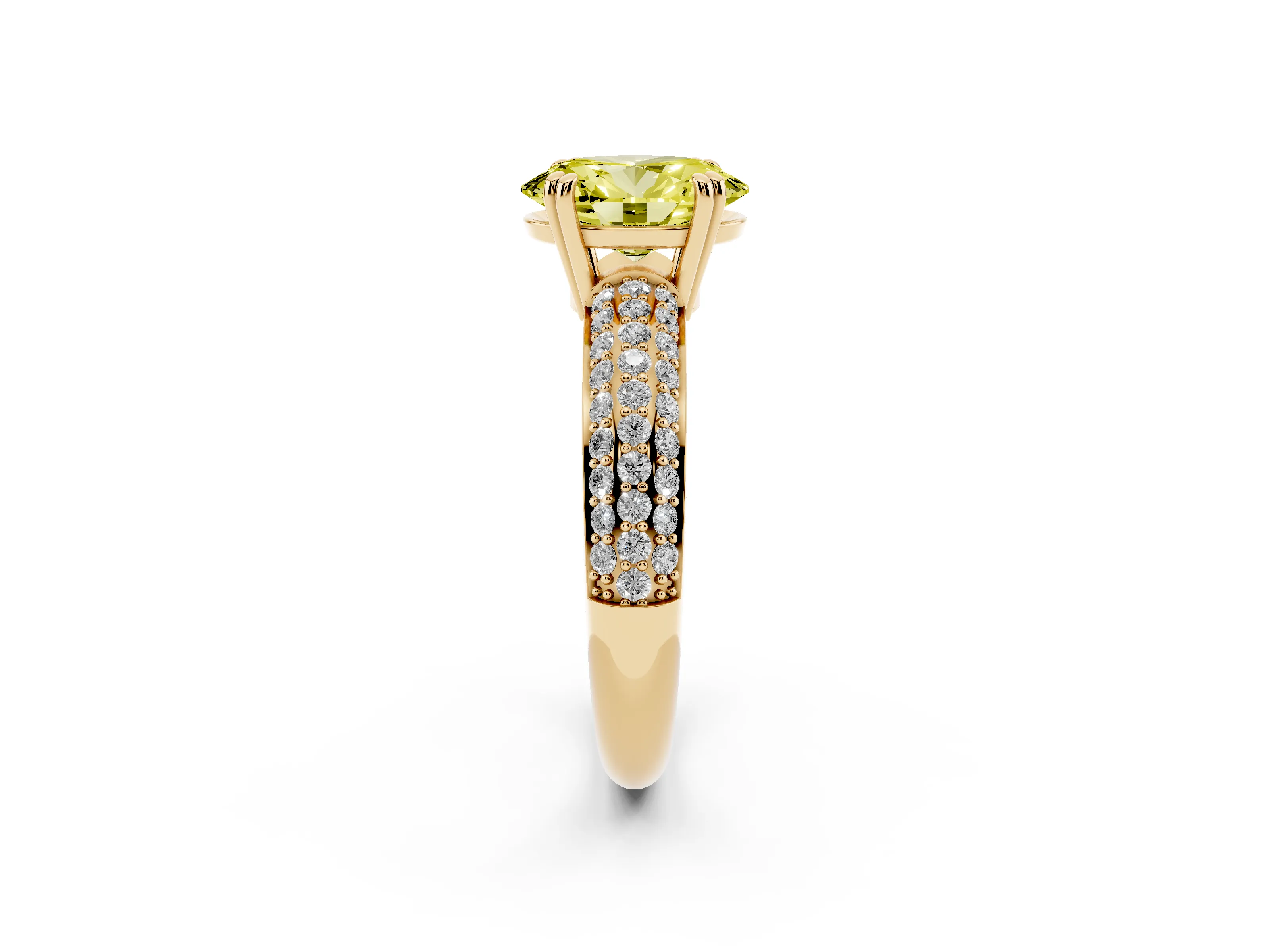 Fancy Yellow Oval Cut Diamond Solitaire Ring Set in Yellow gold with Multi-Row Round Pavé Band and Prong Setting
