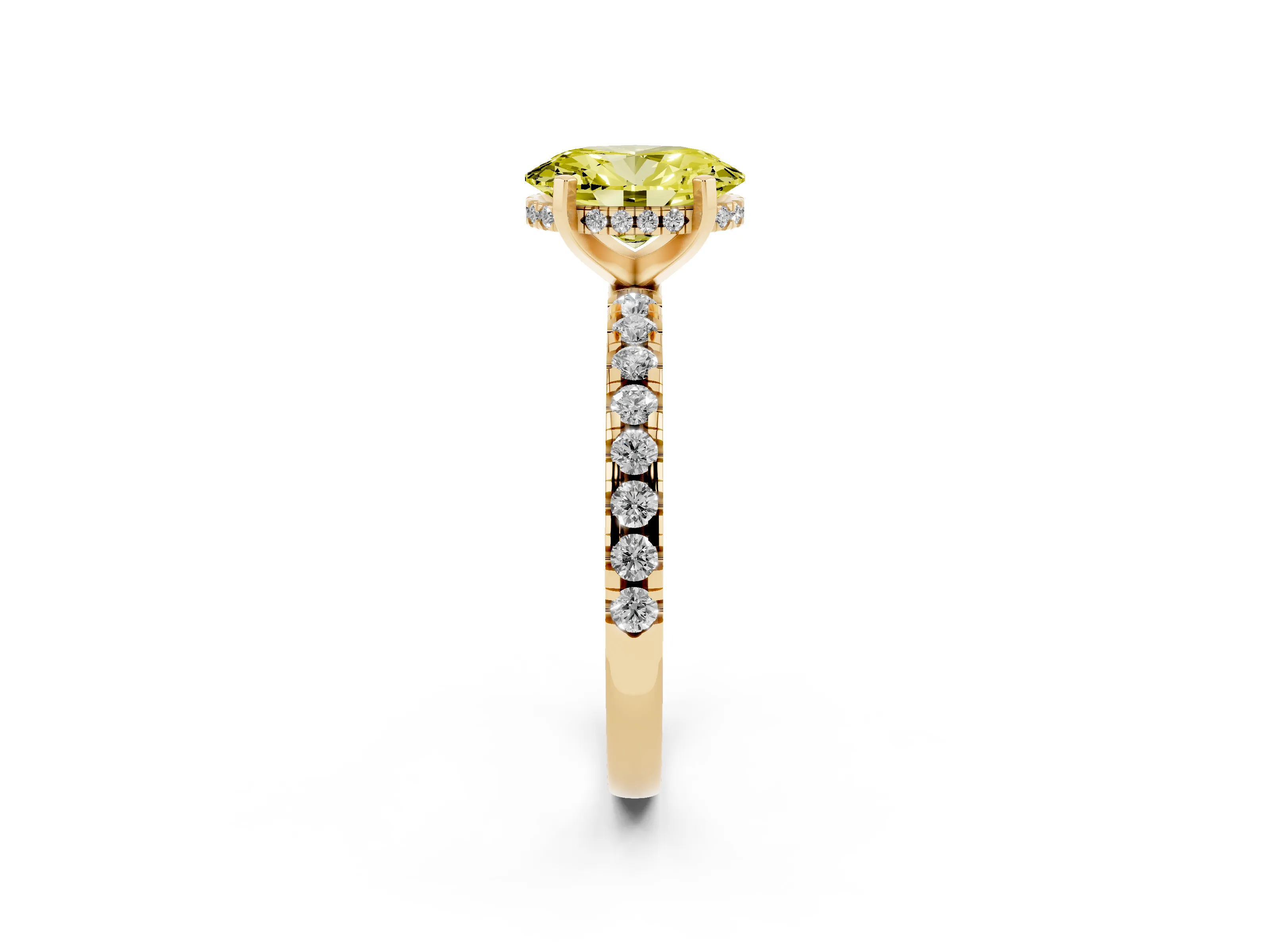 Fancy Yellow Oval Cut Diamond Pavé Solitaire Ring Set in Yellow gold with Round Band Accents and Prong Setting
