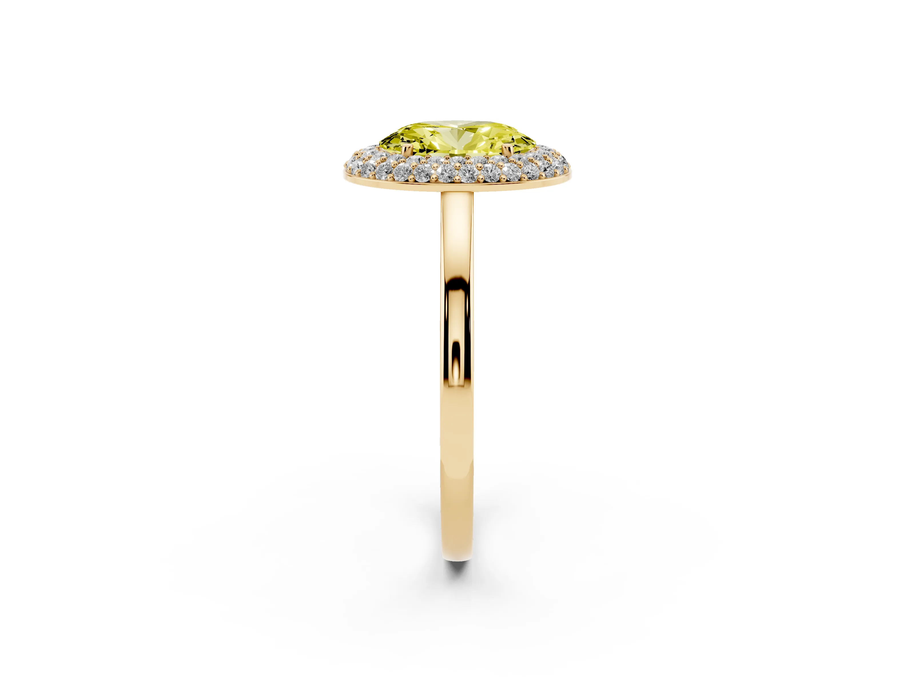 Fancy Yellow Oval Cut Diamond Halo Engagement Ring Set in Yellow gold with Solitaire Band and Prong Setting