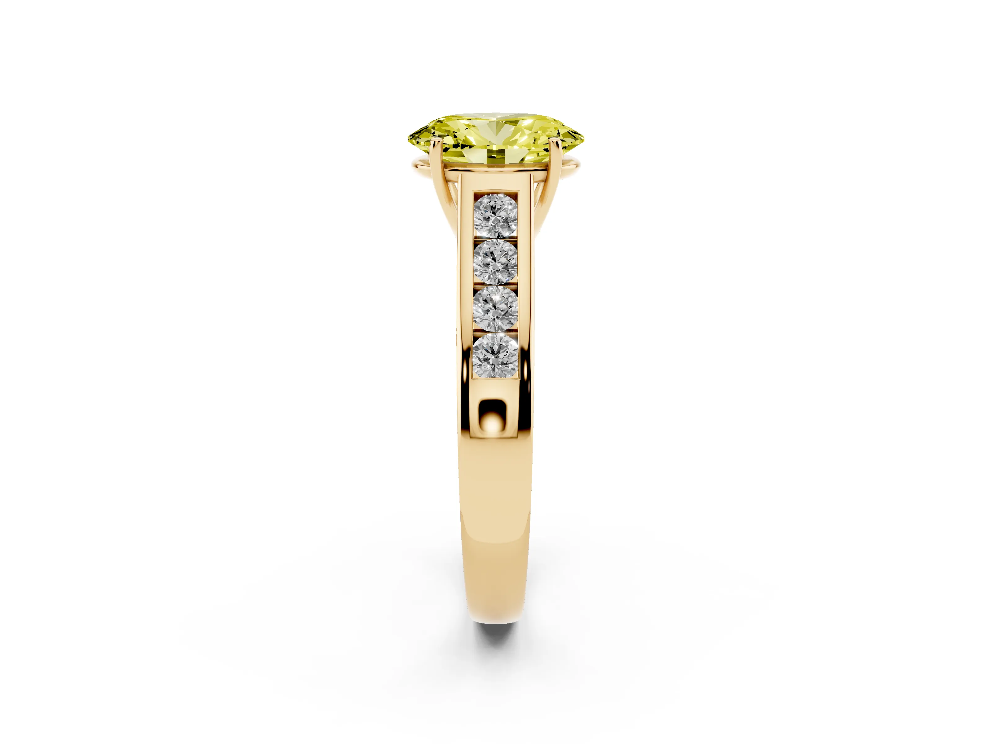 Fancy Yellow Oval Cut Diamond Solitaire Channel-Set Engagement Ring Set in Yellow gold with Prong Setting