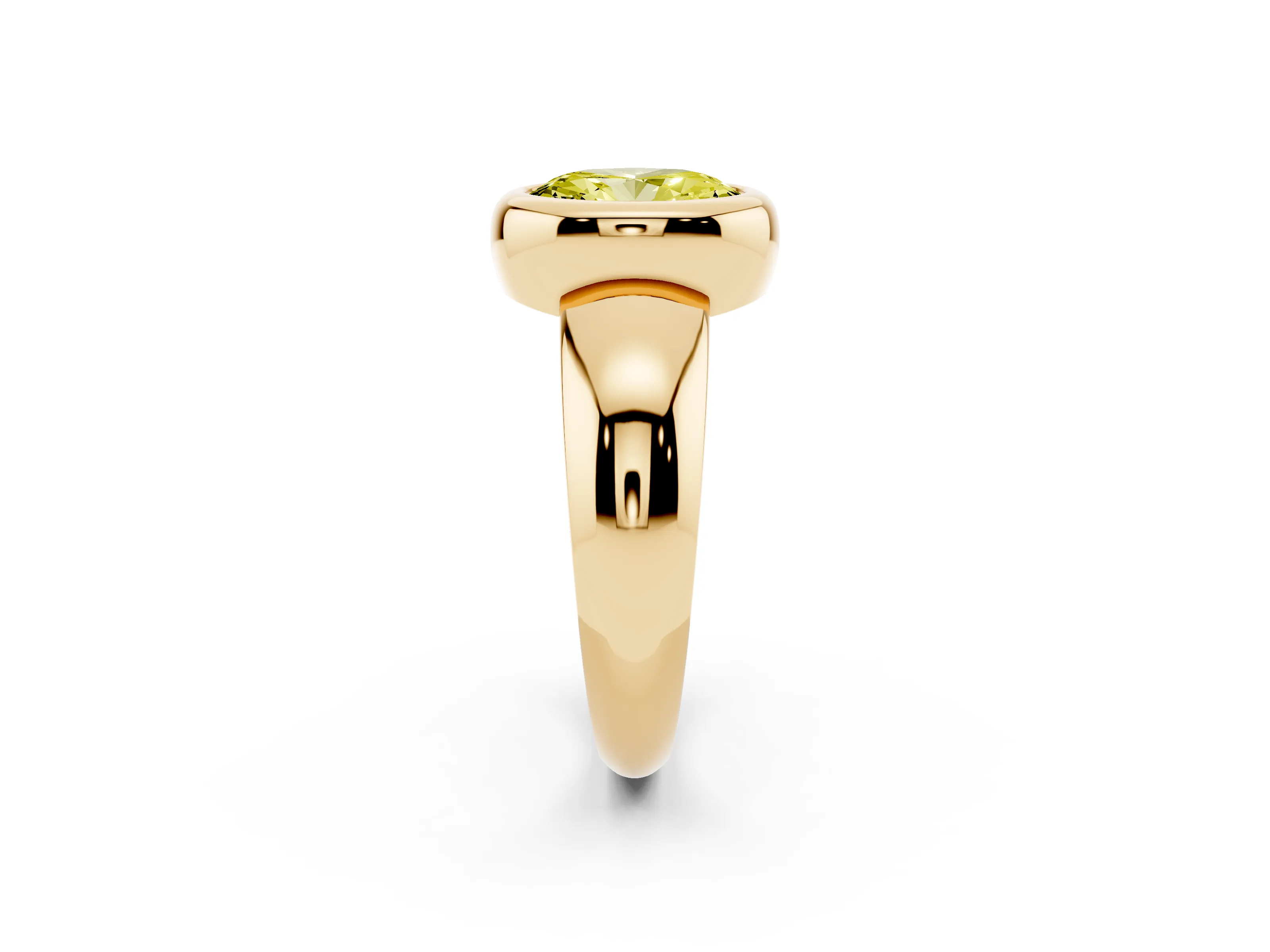 Fancy Yellow Bezel Set Oval Cut Diamond Solitaire Ring Set in Yellow gold with Wide Band