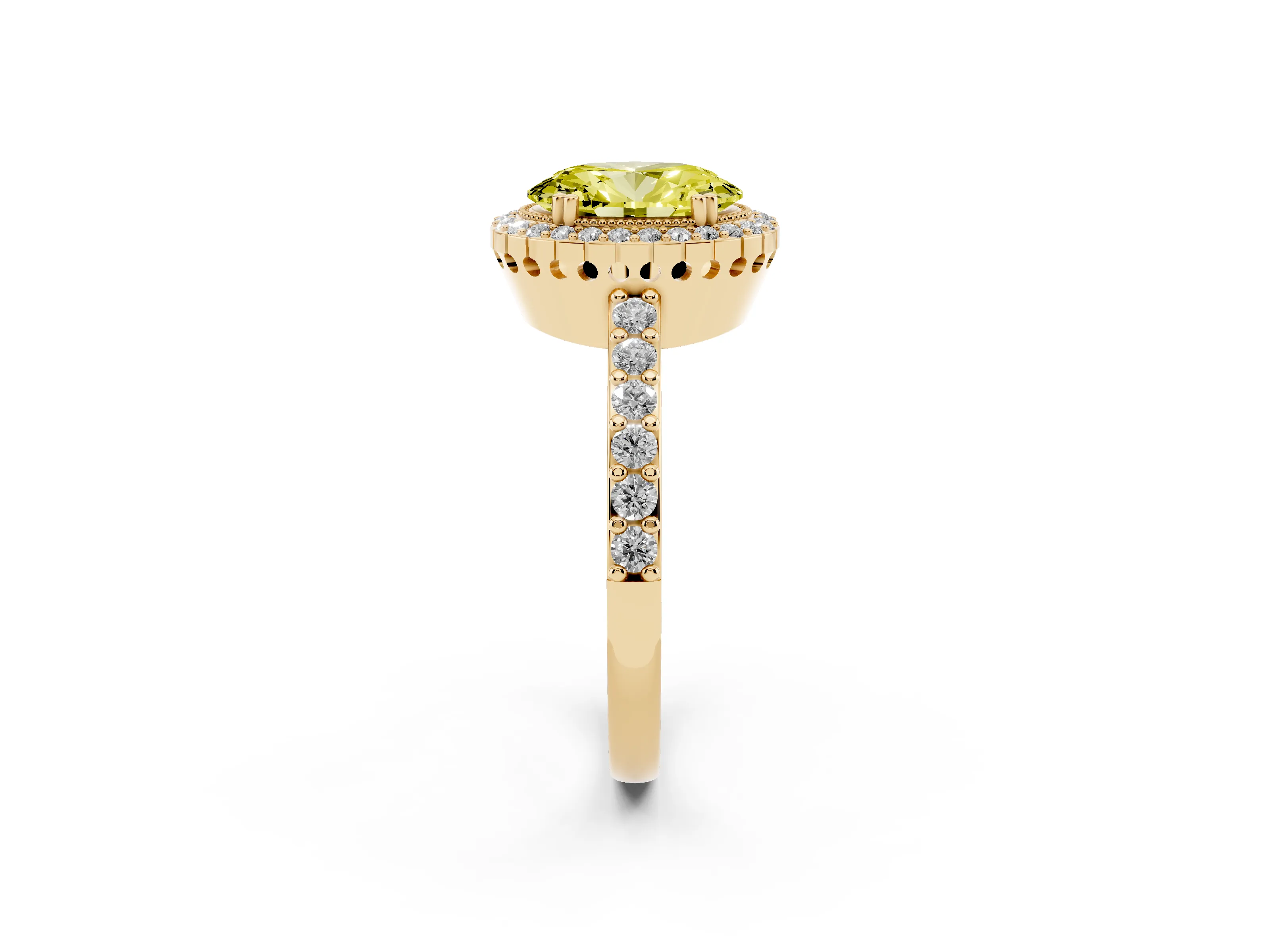 Fancy Yellow Oval Cut Diamond Halo Engagement Ring Set in Yellow gold with Milgrain Detail and Pavé Band
