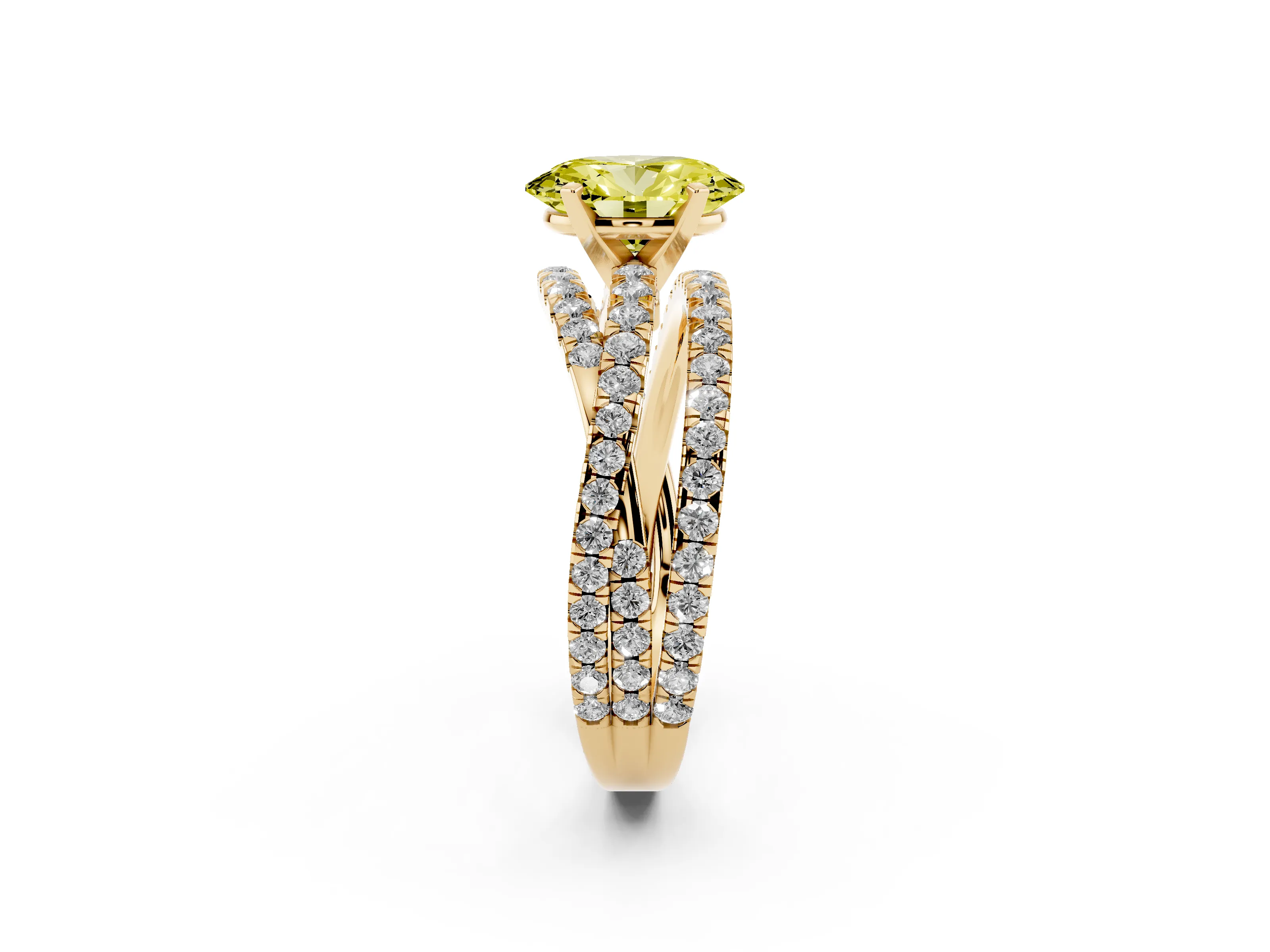 Fancy Yellow Oval Cut Diamond Solitaire Twist Band Ring Set in Yellow gold with Pavé Setting and Prong Head