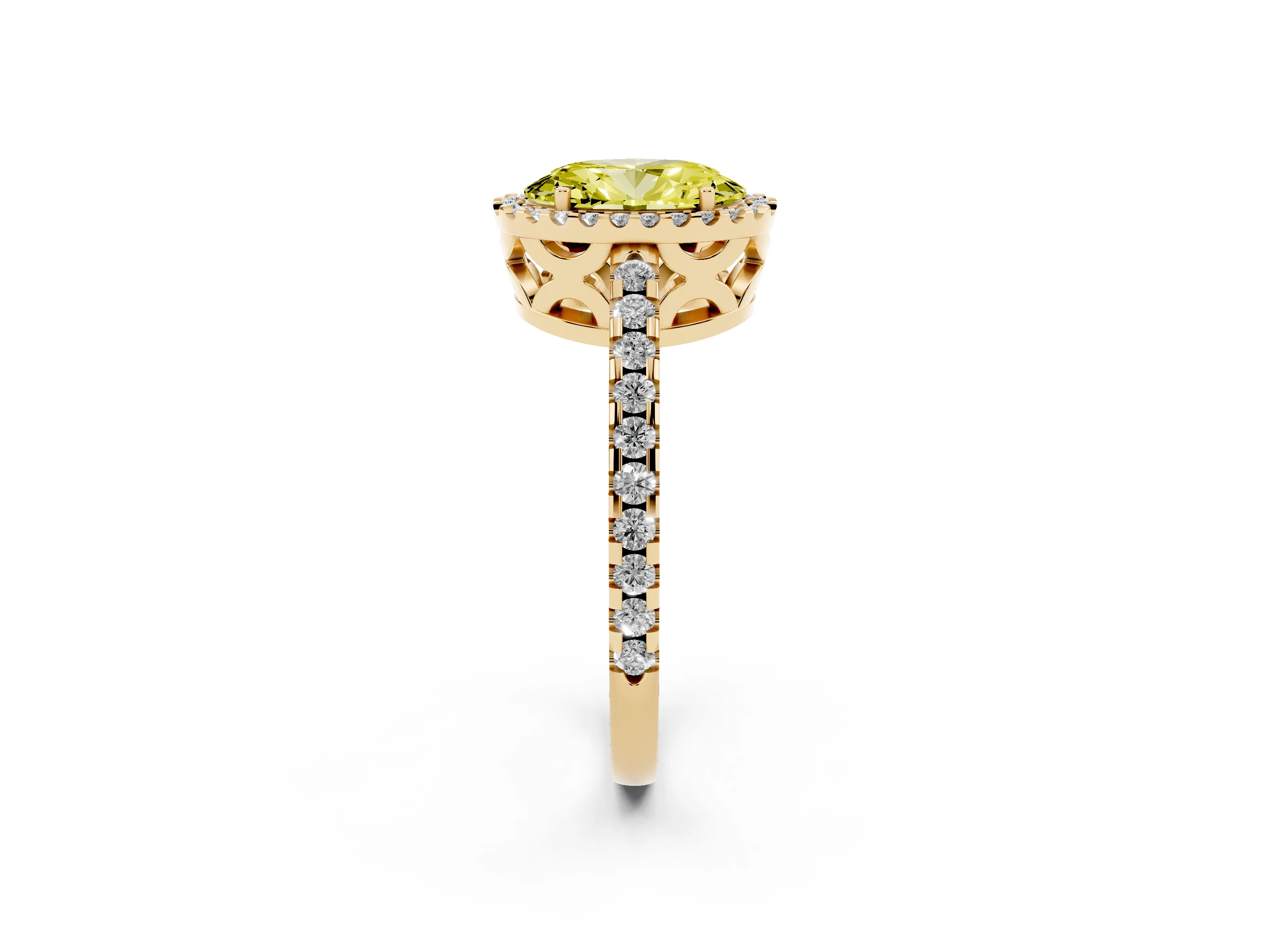 Fancy Yellow Oval Cut Diamond Halo Ring Set in Yellow gold with Pavé Shoulders and Halo-Framed Center