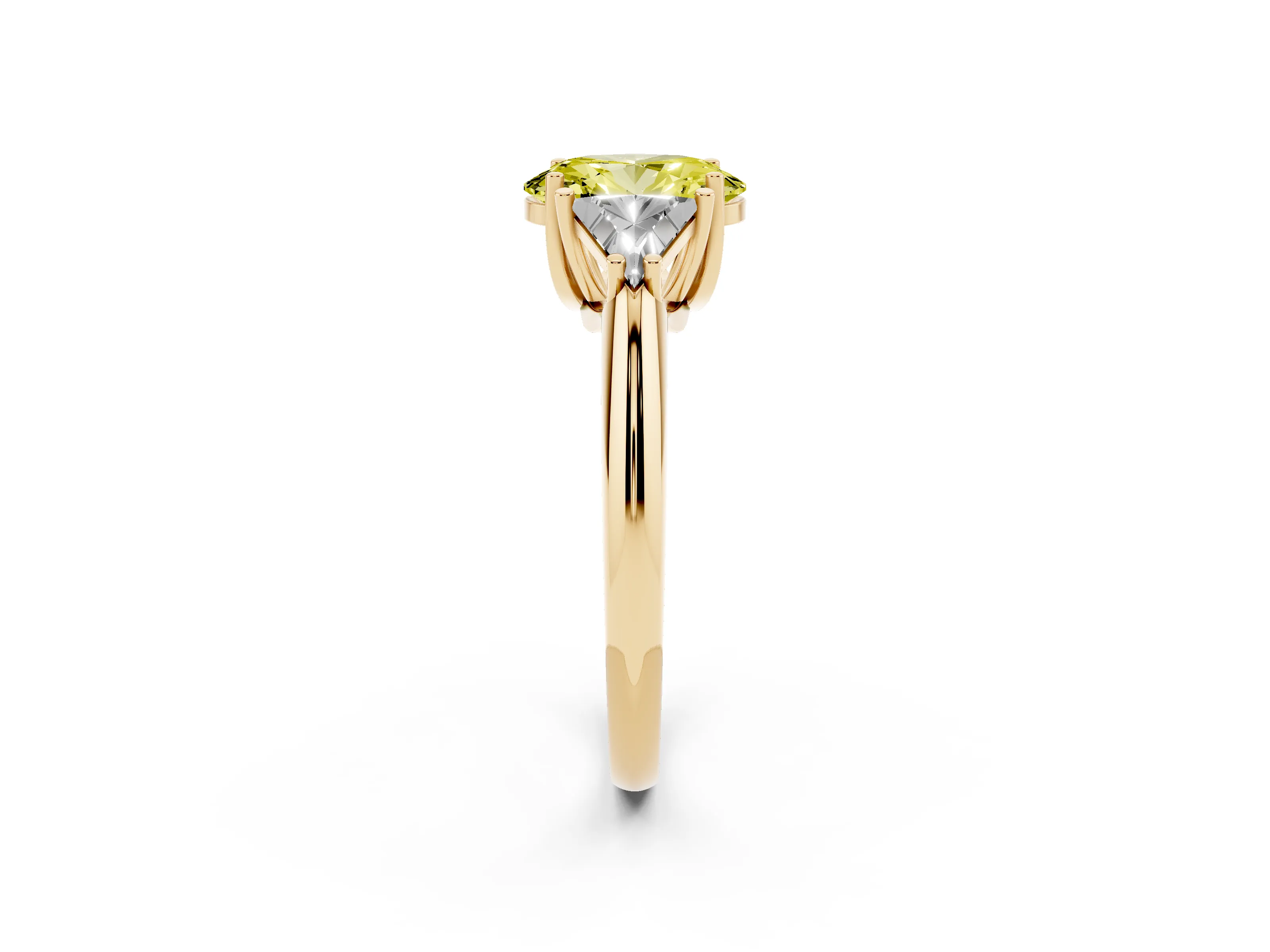 Fancy Yellow Oval Cut Diamond Three-Stone Engagement Ring Set in Yellow gold with Trillion Side Stones