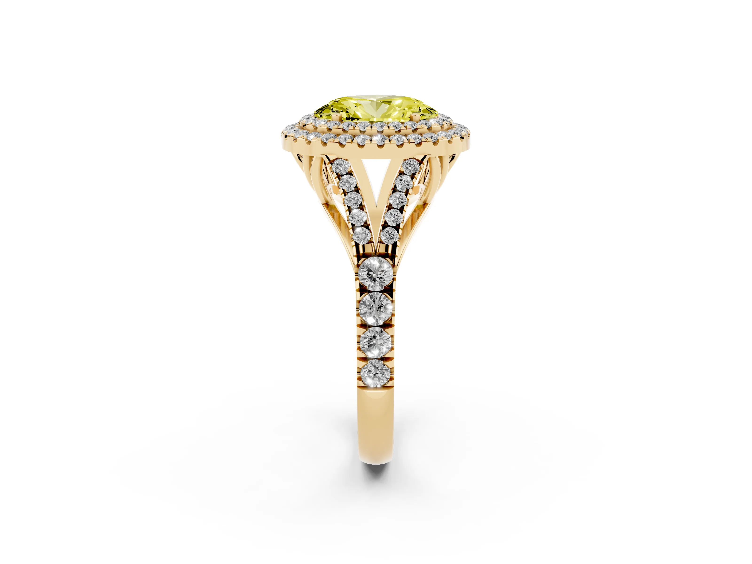 Fancy Yellow Oval Cut Diamond Pavé Split Shank Double Halo Engagement Ring Set in Yellow gold