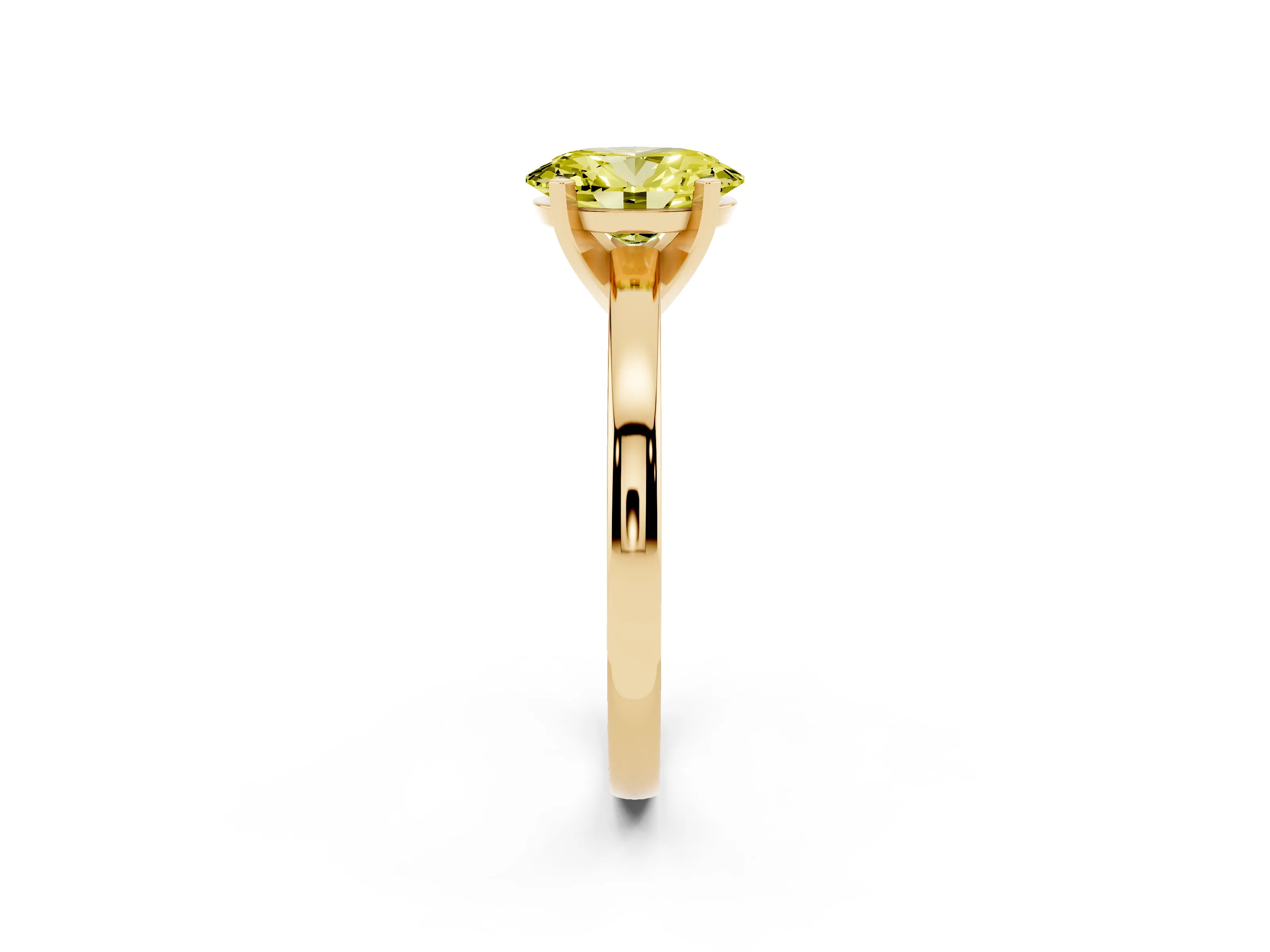 Fancy Yellow Oval Cut Diamond Solitaire Engagement Ring Set in Yellow gold with Prong Setting on a Classic Band