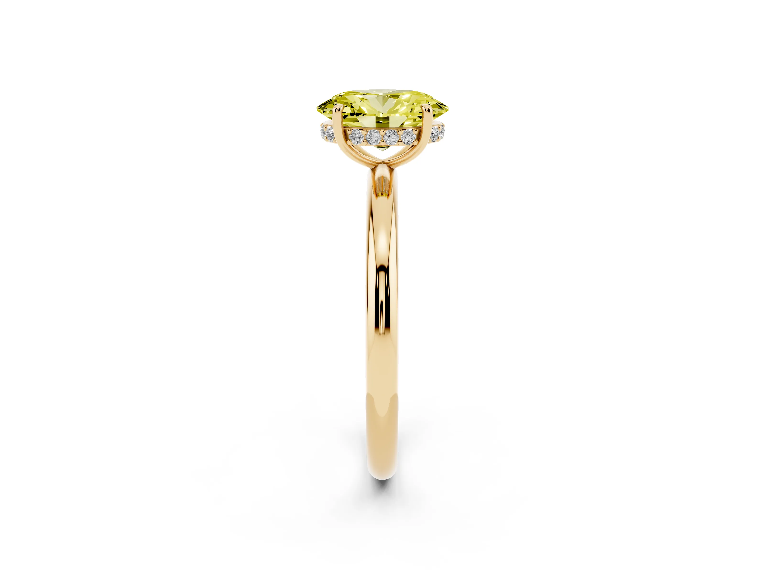 Fancy Yellow Oval Cut Diamond Solitaire Ring Set in Yellow gold with Thin Band and Prong Setting