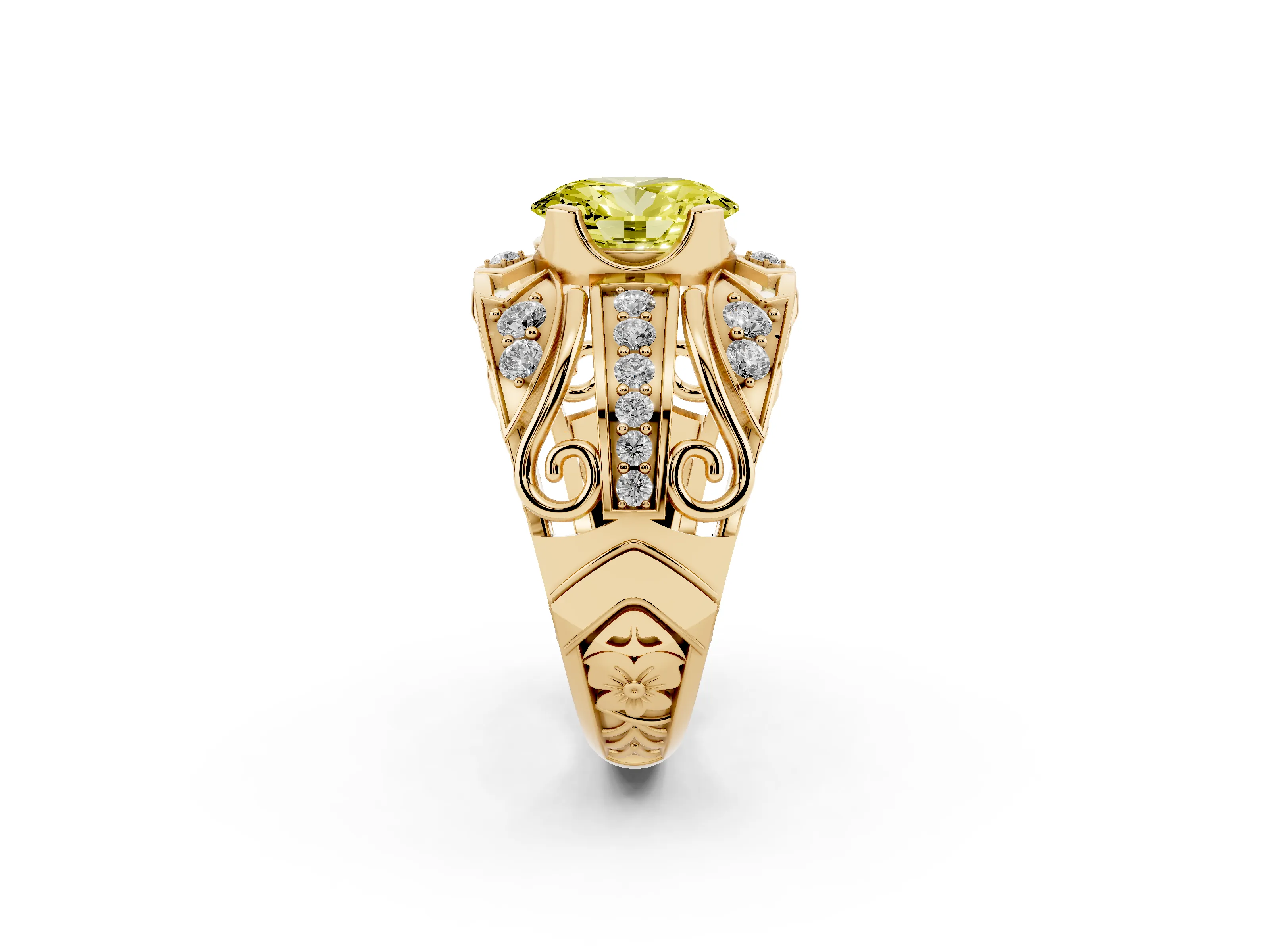 Fancy Yellow Oval Cut Diamond Art Deco Ring Set in Yellow gold with Pavé Split Shank