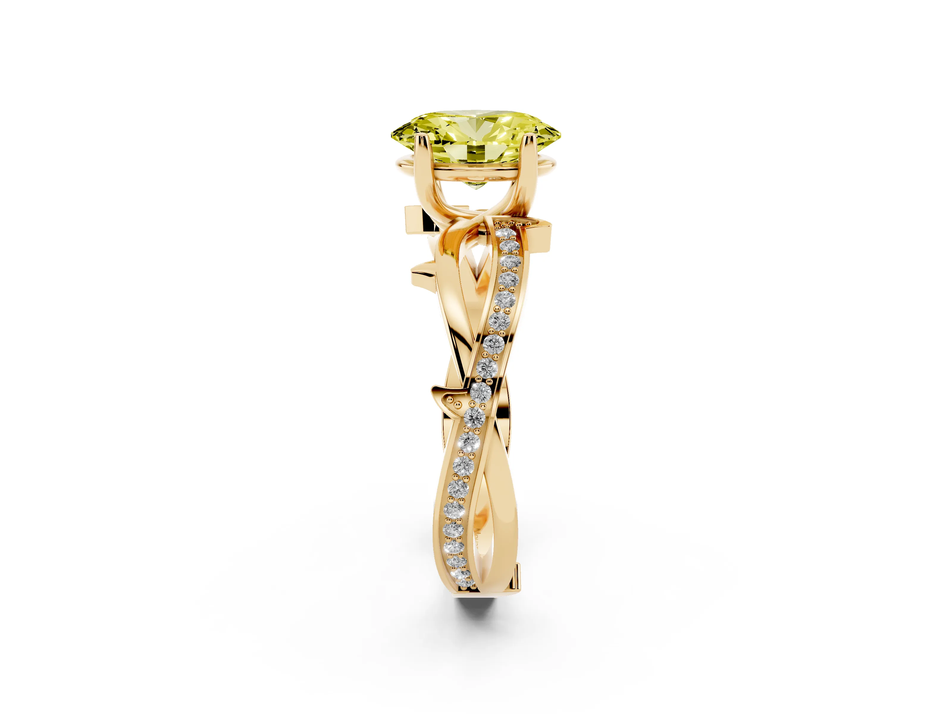 Fancy Yellow Oval Cut Diamond Pavé Twist Band Solitaire Ring Set in Yellow gold with Prong Setting