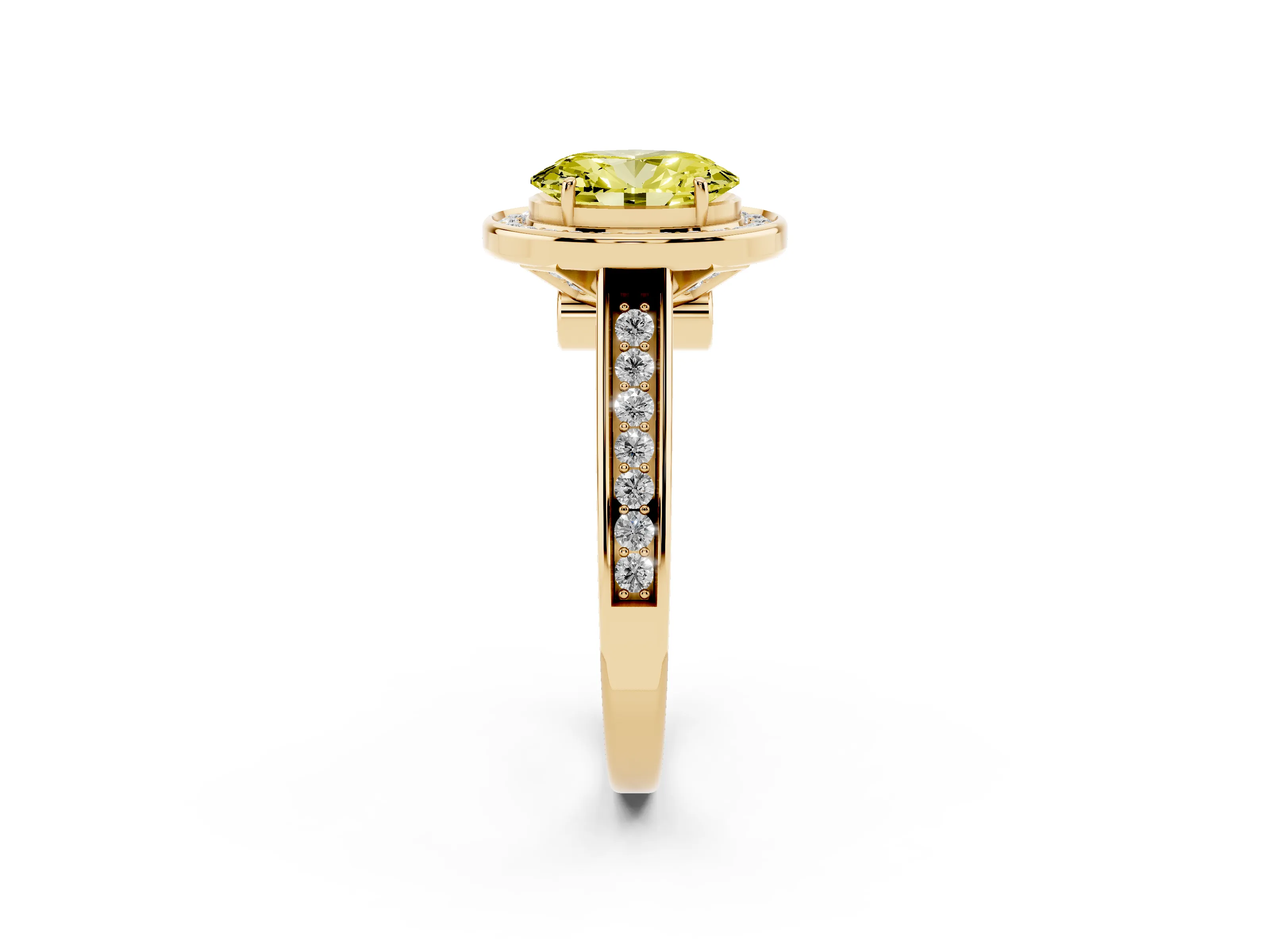 Fancy Yellow Oval Cut Diamond Halo Solitaire Ring Set in Yellow gold with Pavé Band and Bezel Setting
