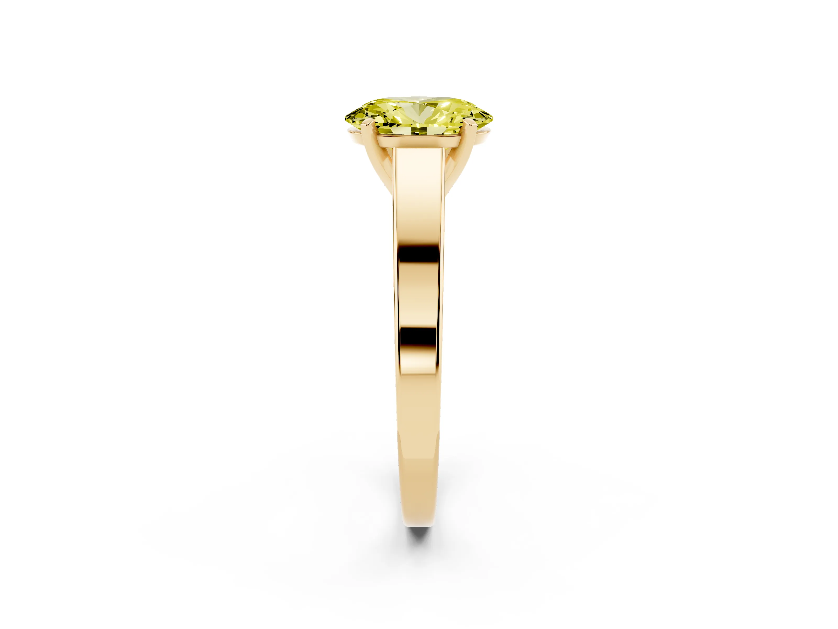 Fancy Yellow Oval Cut Diamond Solitaire Engagement Ring Set in Yellow gold with Prong Setting and Tapered Band