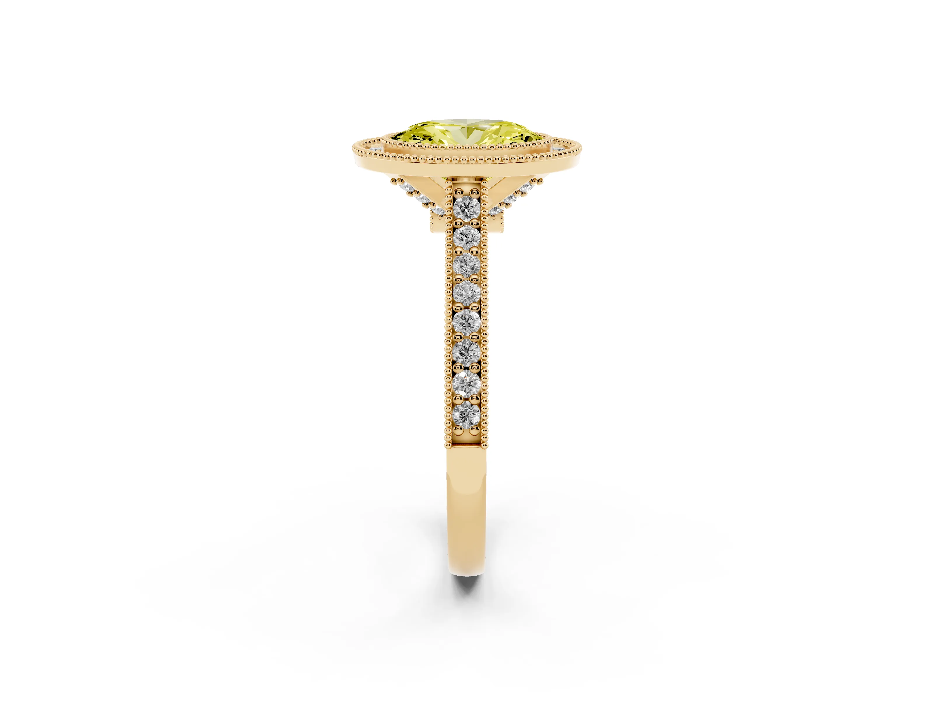 Fancy Yellow Oval Cut Diamond Halo Milgrain Pavé Band Ring Set in Yellow gold with Prong Setting