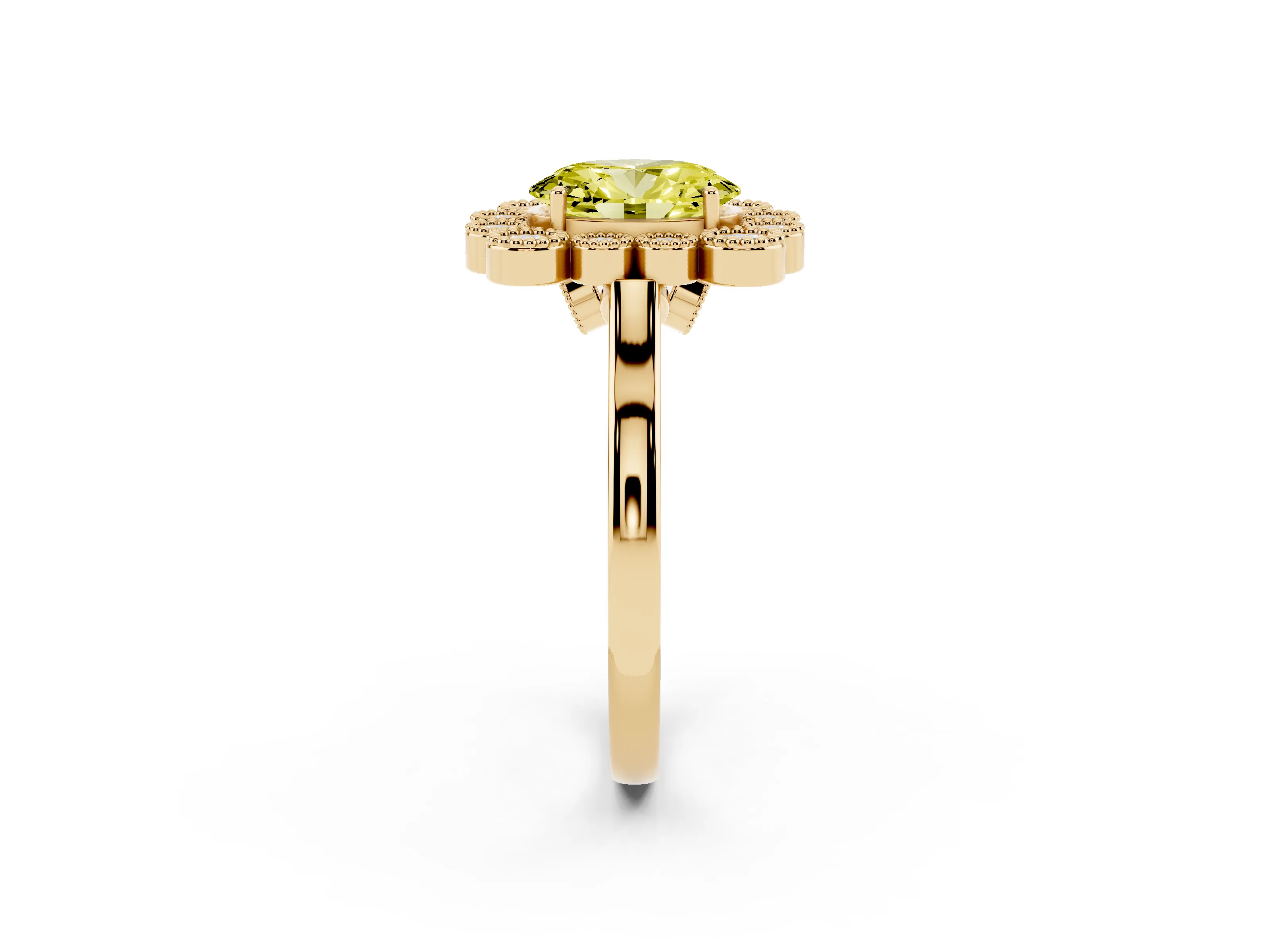 Fancy Yellow Oval Cut Diamond Cluster Halo Ring Set in Yellow gold with Milgrain Bezel Accents and Plain Band