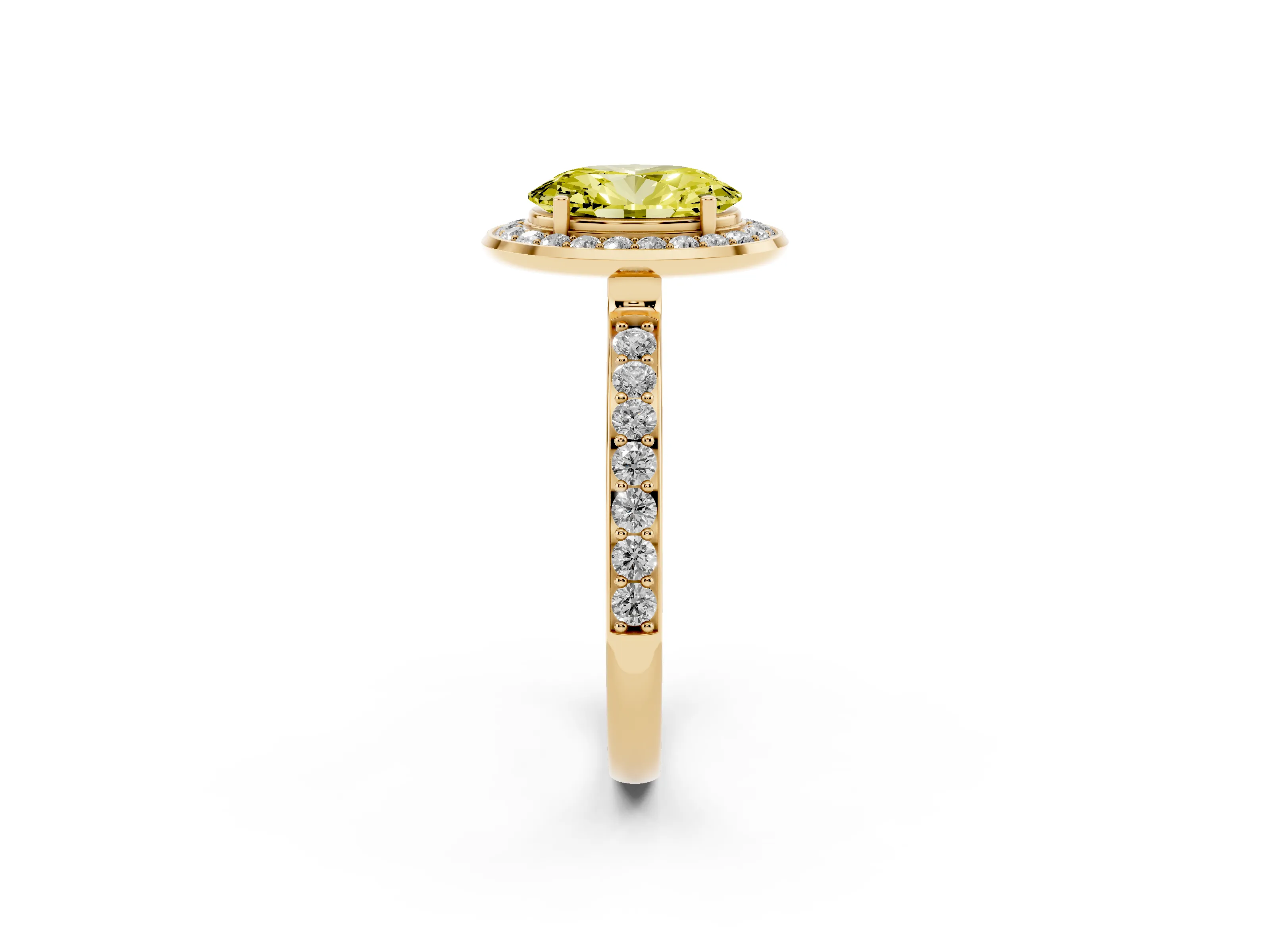Fancy Yellow Oval Cut Diamond Halo Ring Set in Yellow gold with Bezel Frame and Pavé Band