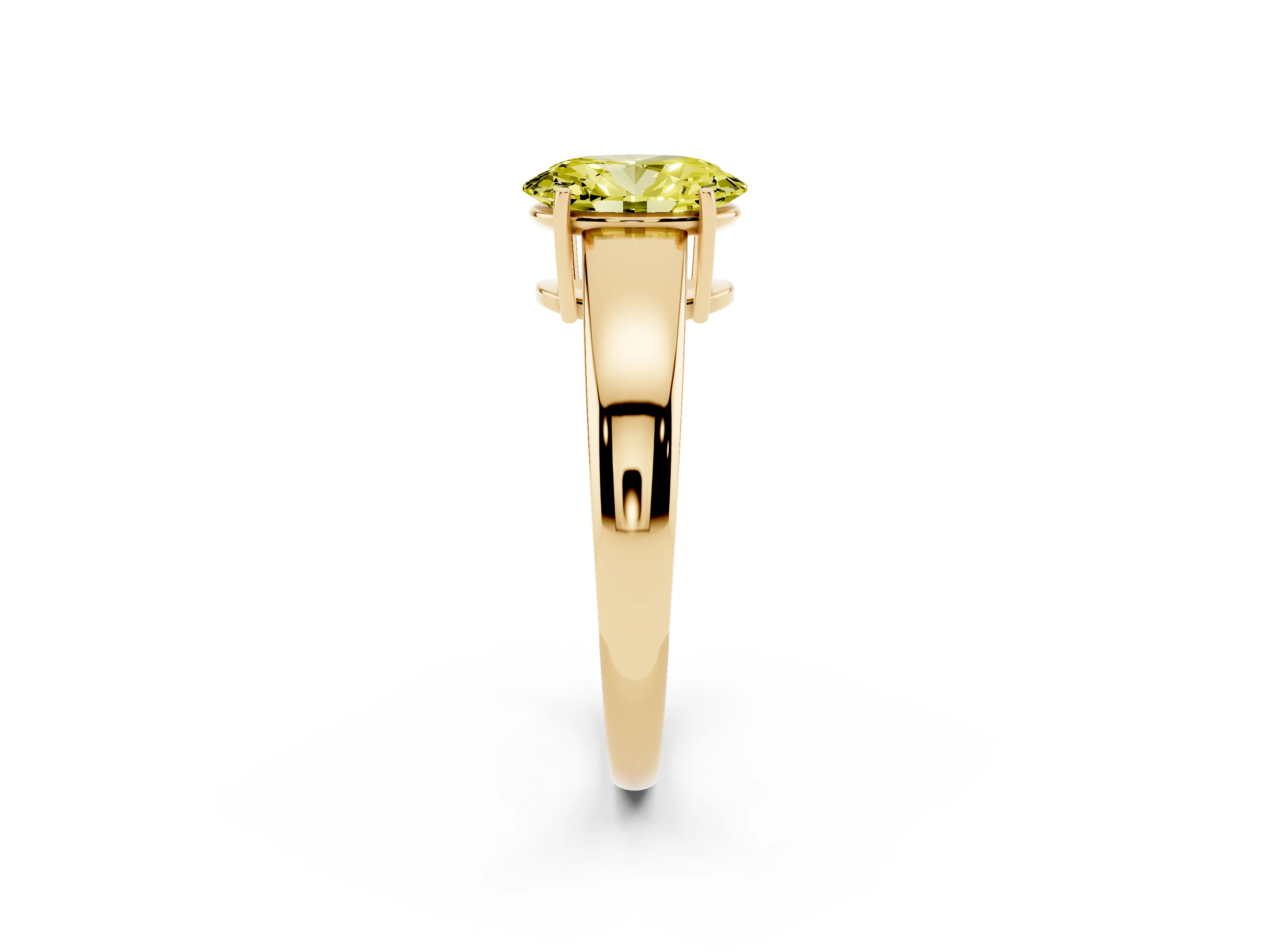 Fancy Yellow Oval Cut Diamond Solitaire Ring Set in Yellow gold with Tapered Band and Prong Setting
