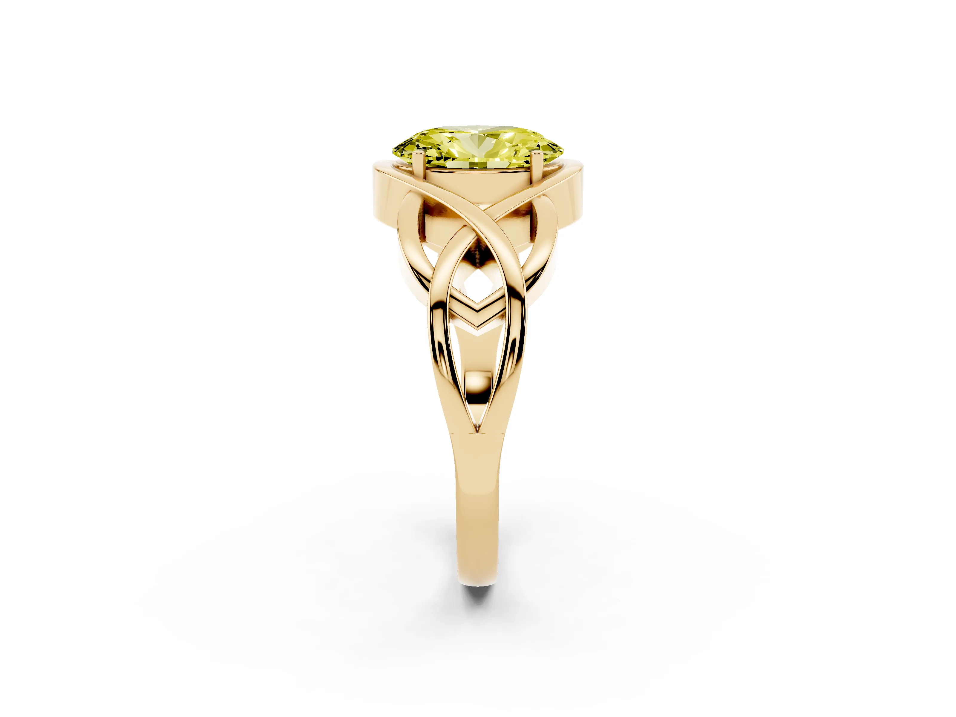Fancy Yellow Oval Cut Diamond Solitaire Ring Set in Yellow gold with Intertwined Band