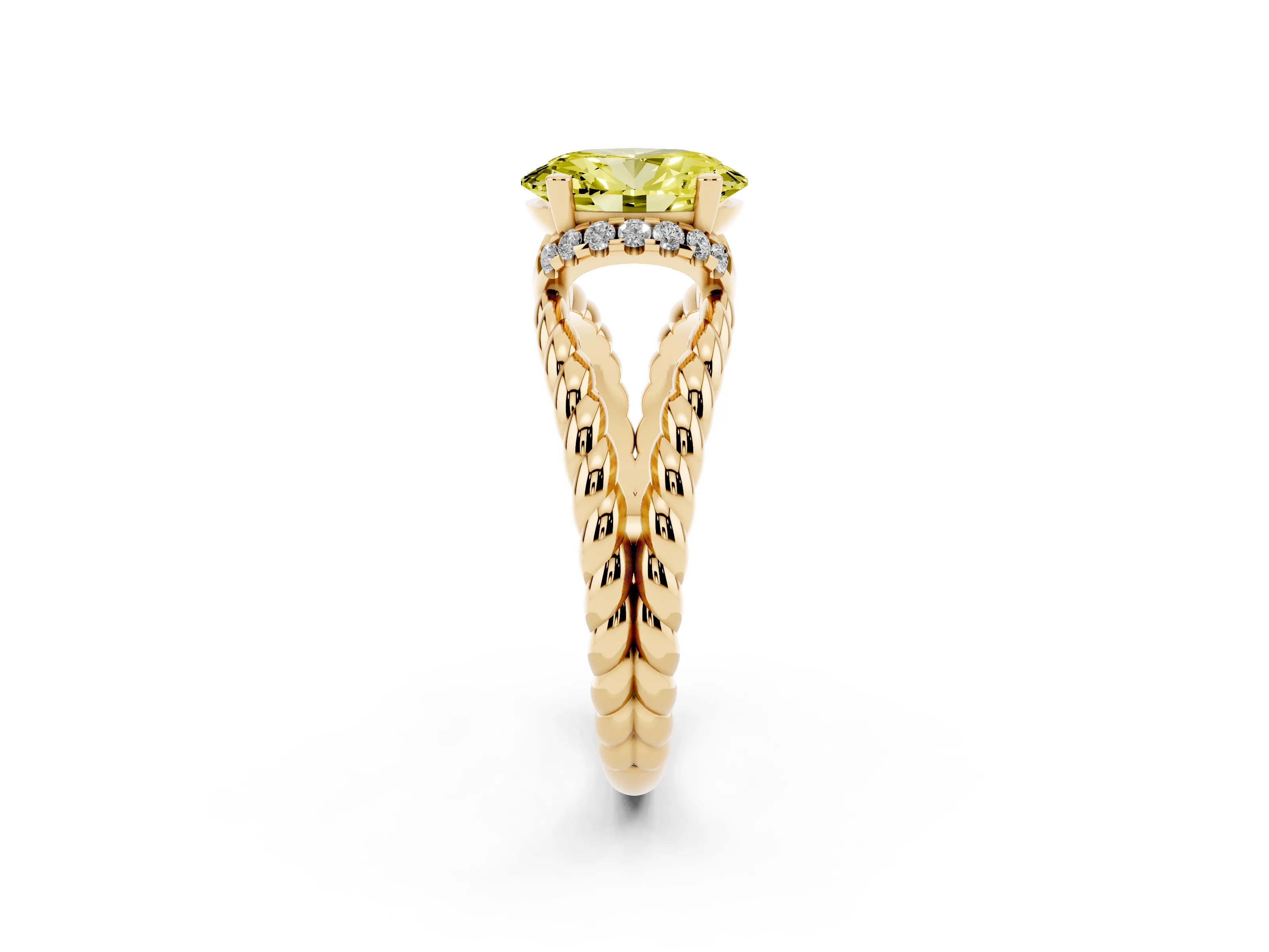 Fancy Yellow Oval Cut Diamond Halo Ring Set in Yellow gold with Twisted Band and Prong Setting