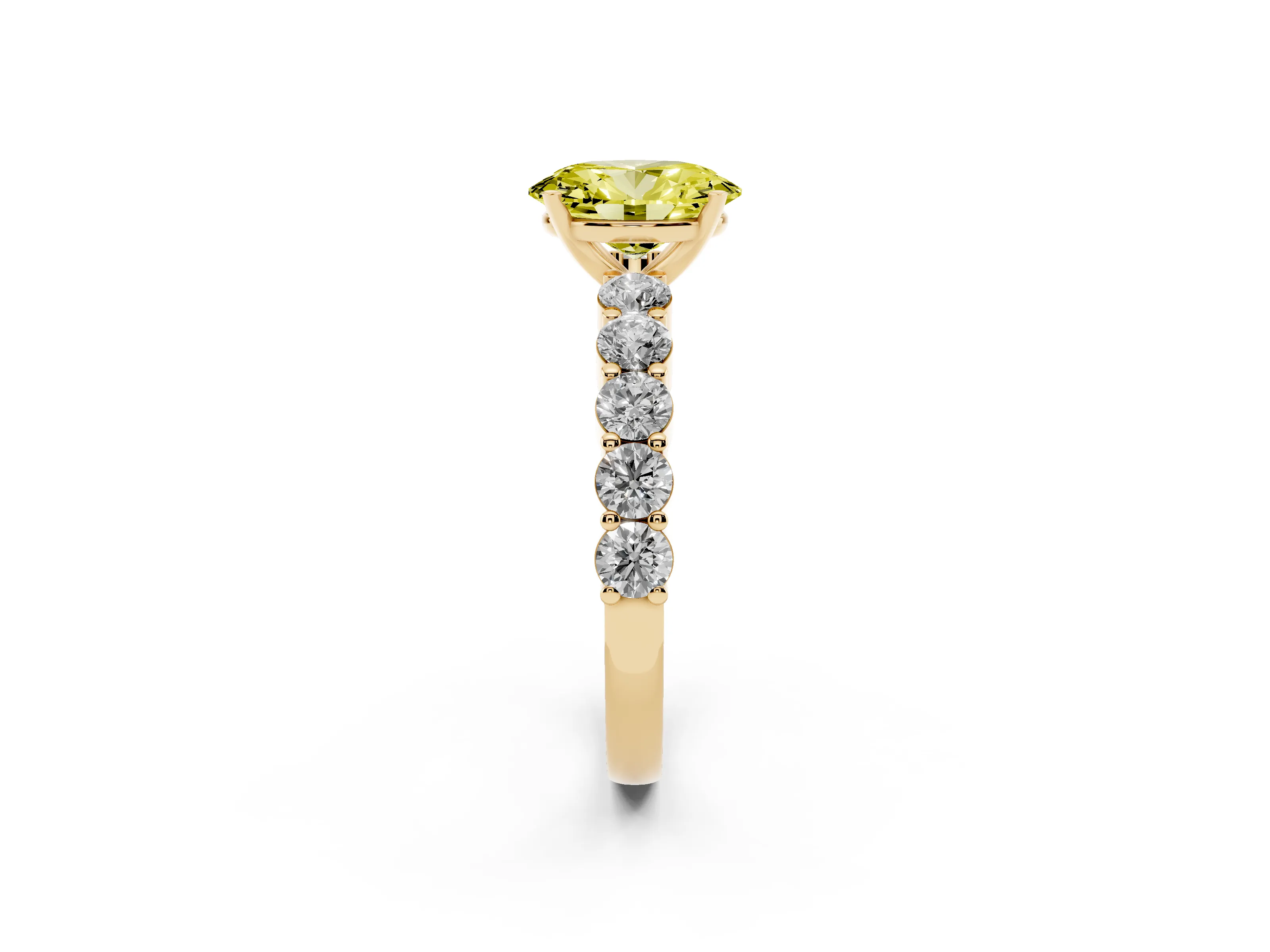 Fancy Yellow Oval Cut Diamond Solitaire Ring Set in Yellow gold with Shared Prong Round Side Stones