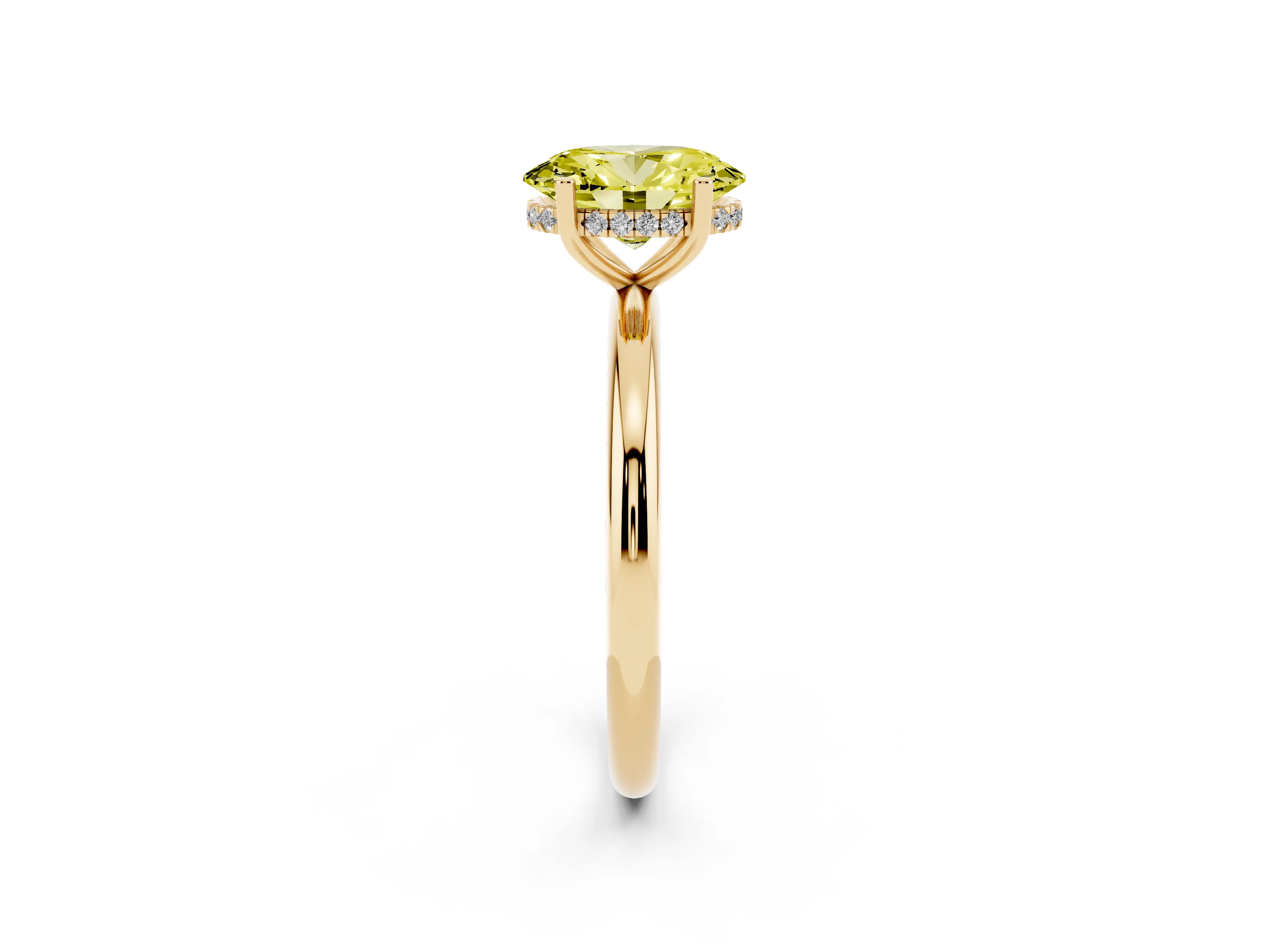 Fancy Yellow Oval Cut Diamond Solitaire Engagement Ring Set in Yellow gold with Prong Setting and Polished Band