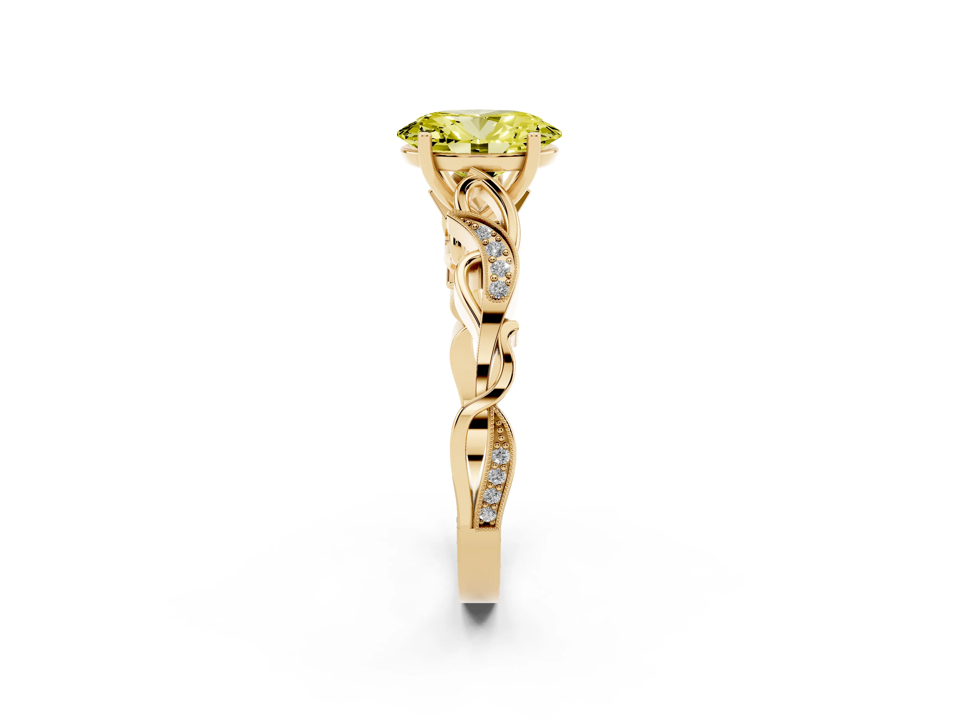 Fancy Yellow Oval Cut Diamond Vine Band Solitaire Ring Set in Yellow gold with Milgrain Prong Setting