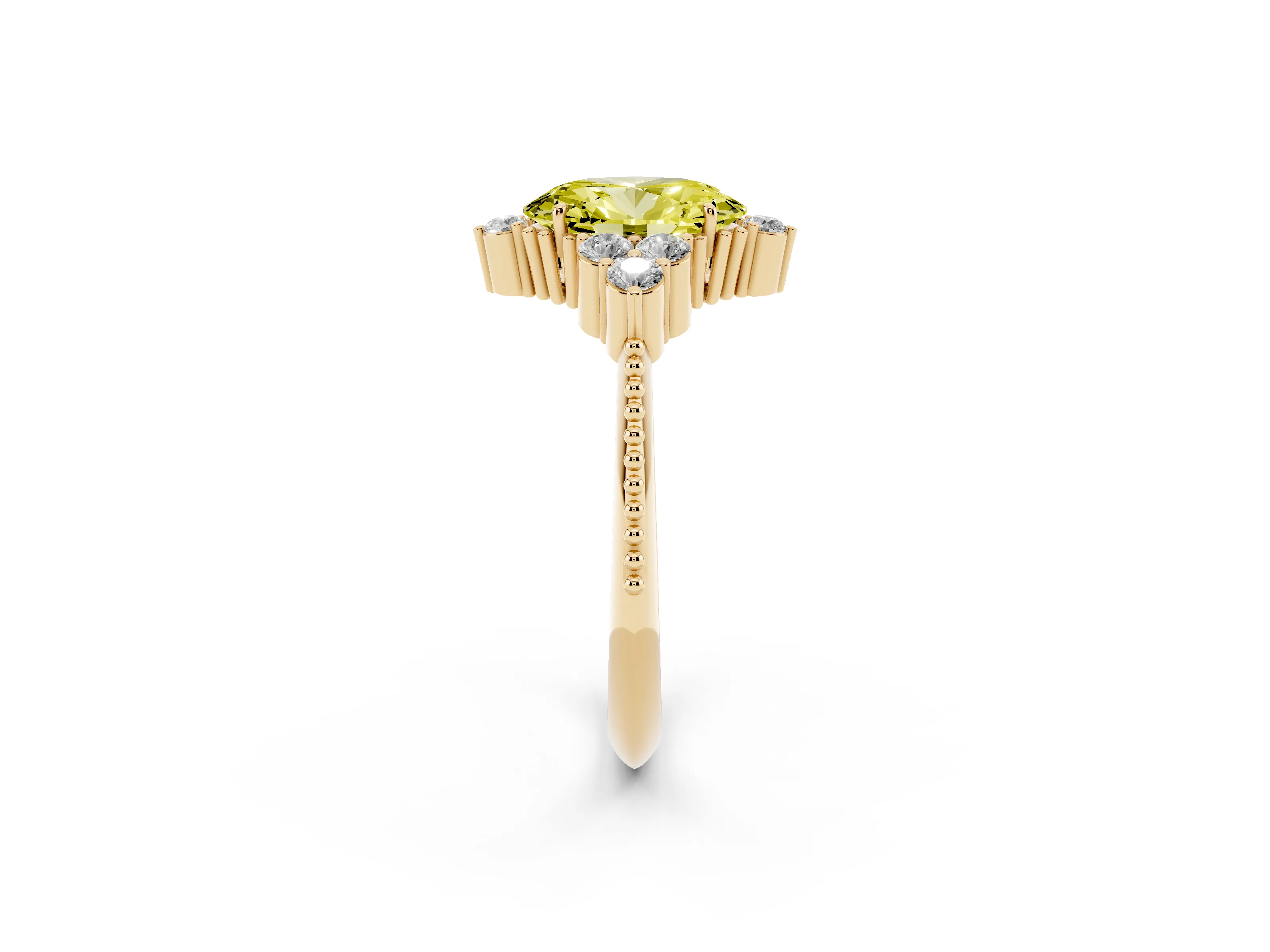 Fancy Yellow Oval Cut Diamond Cluster Ring Set in Yellow gold with Beaded Band