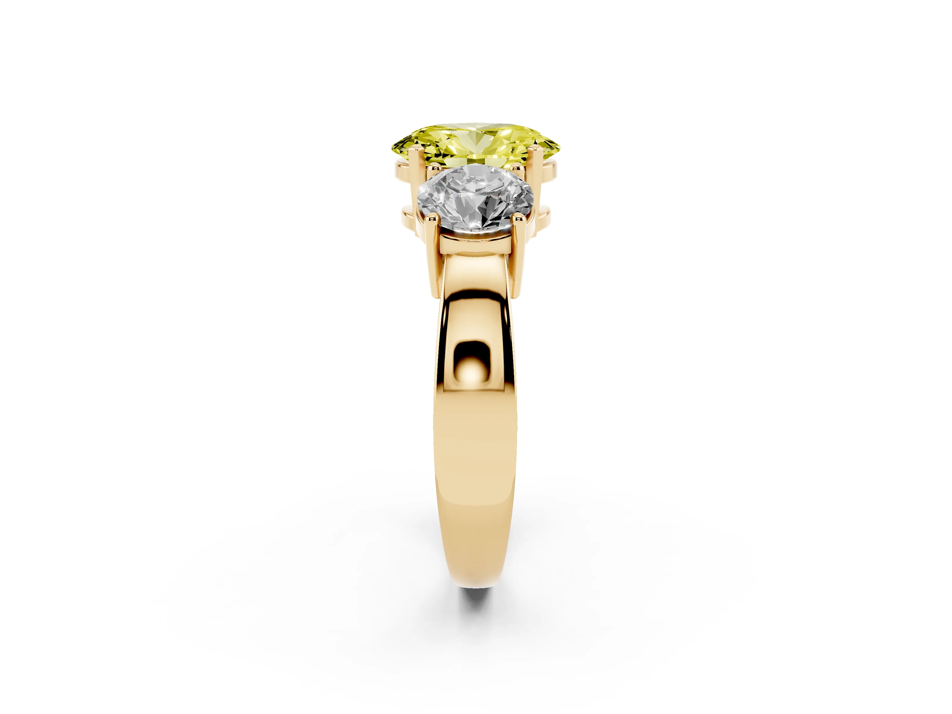Fancy Yellow Oval Cut Diamond Three-Stone Ring Set in Yellow gold with Round Side Stones and Classic Band
