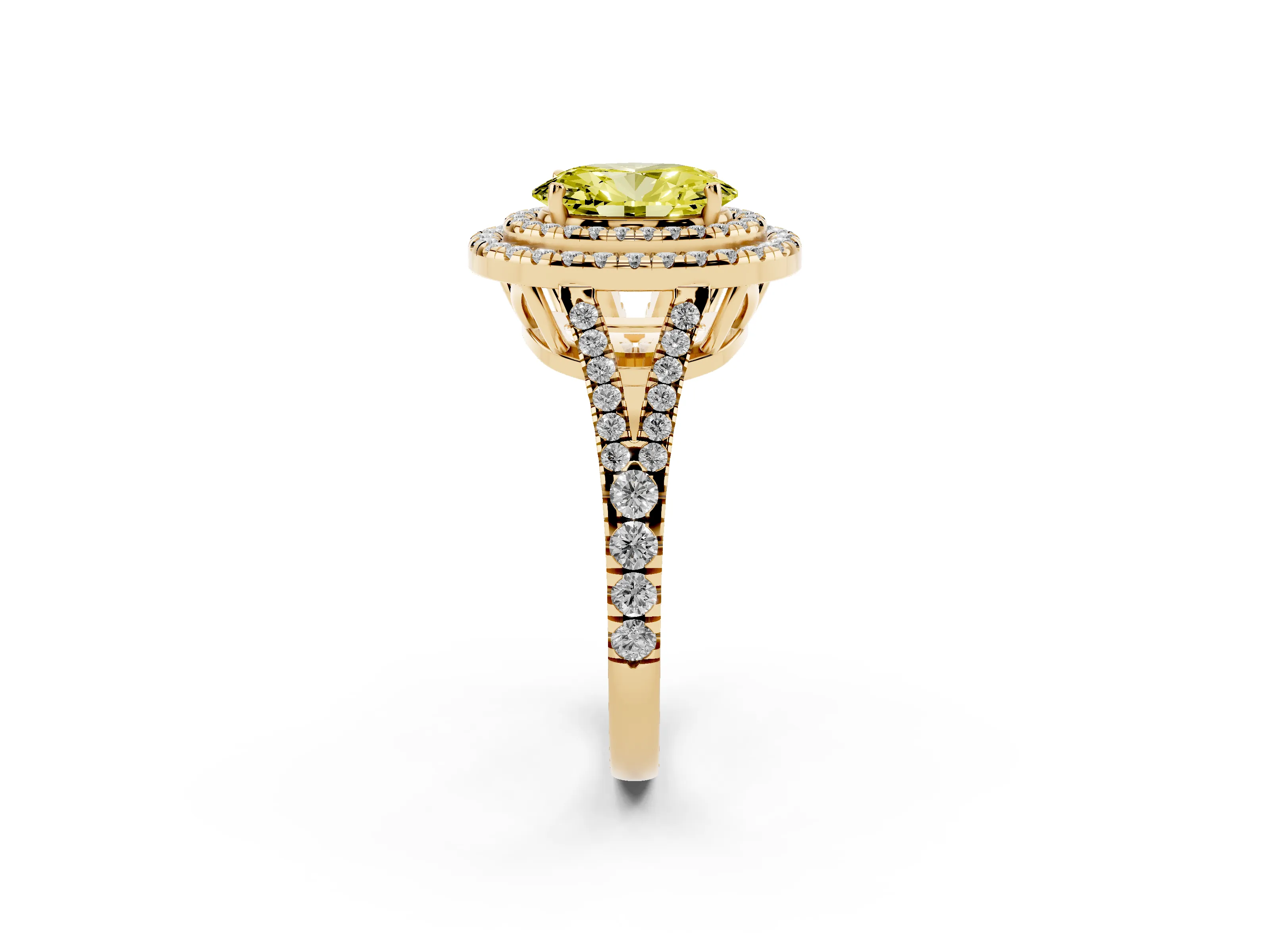 Fancy Yellow Oval Cut Diamond Double Halo Ring Set in Yellow gold with Pavé Band