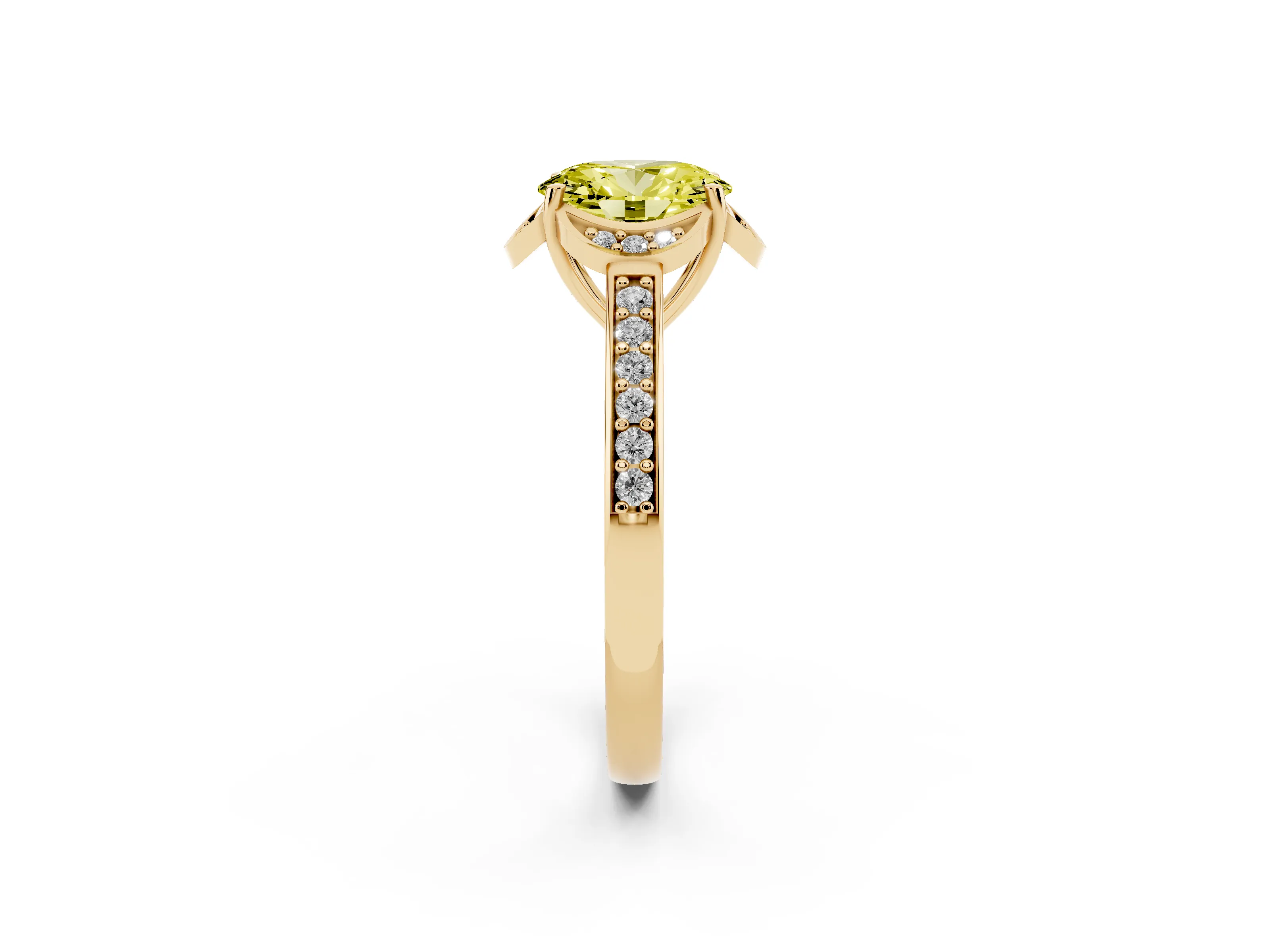 Fancy Yellow Oval Cut Diamond Halo Ring Set in Yellow gold with Channel Set Band and Prong Setting