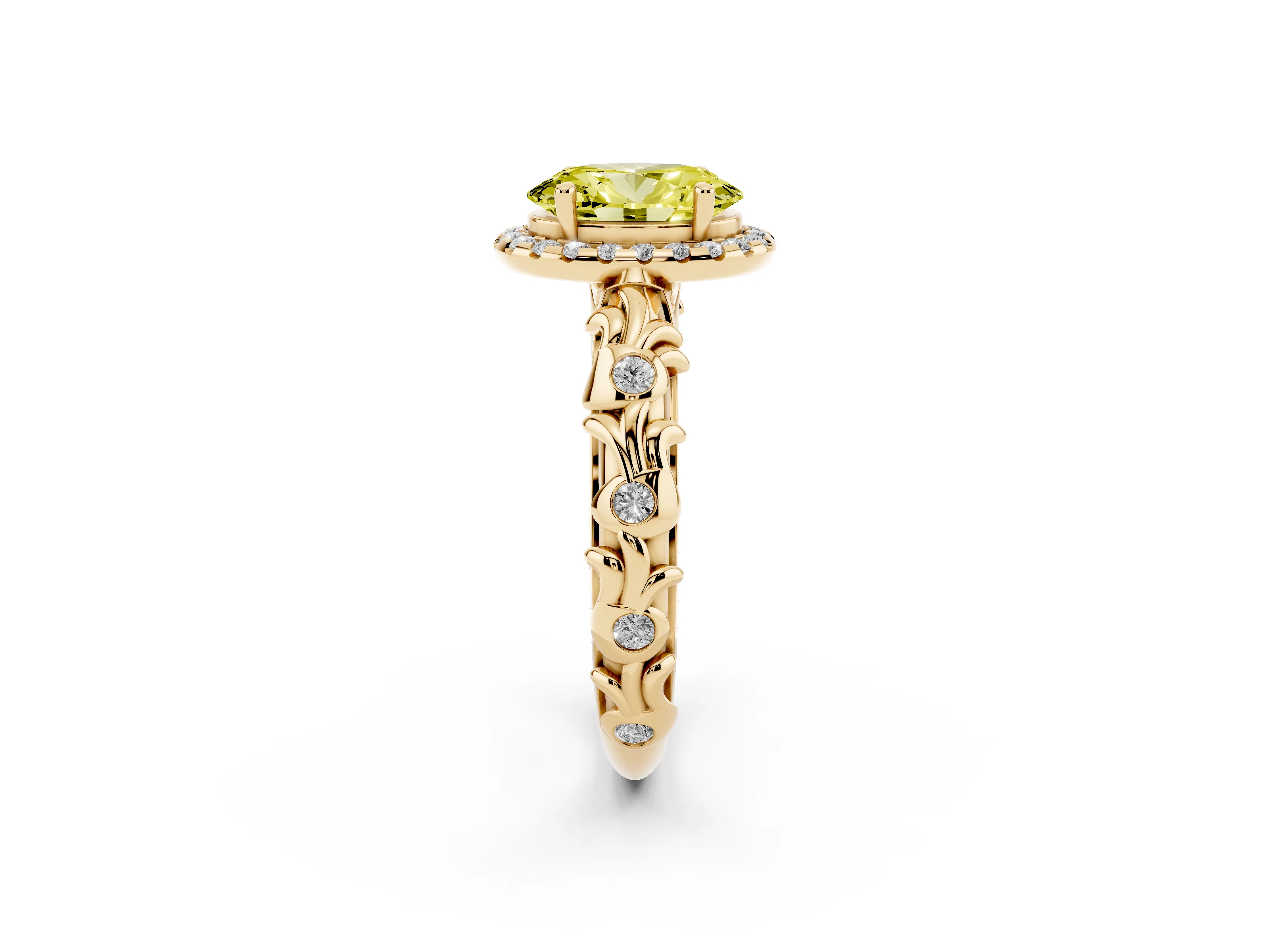 Fancy Yellow Oval Cut Diamond Halo Ring Set in Yellow gold with Filigree Leaf Band and Prong Setting